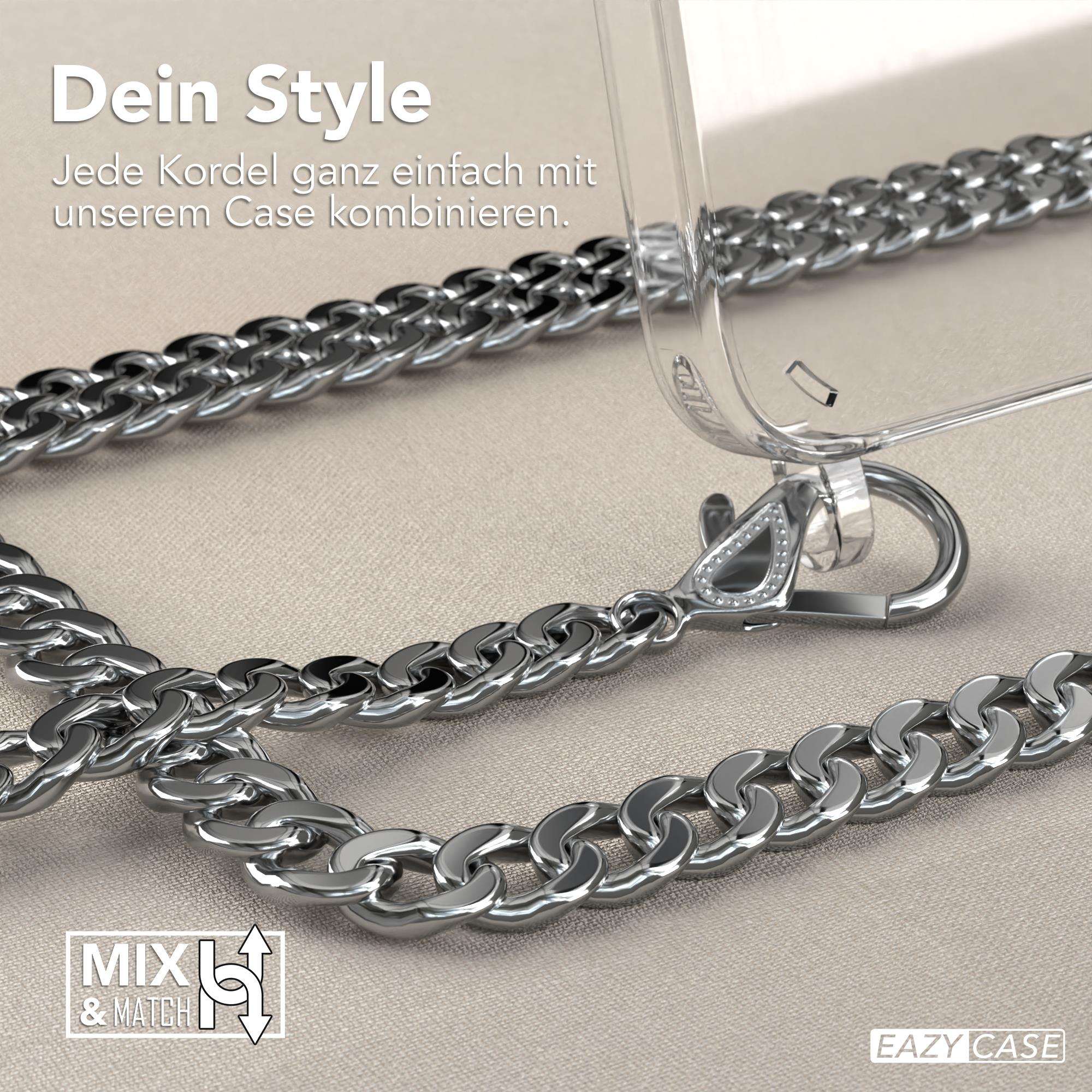 Eine silberne Kette neben einer durchsichtigen Handyhülle mit einem Mix & Match-Logo.