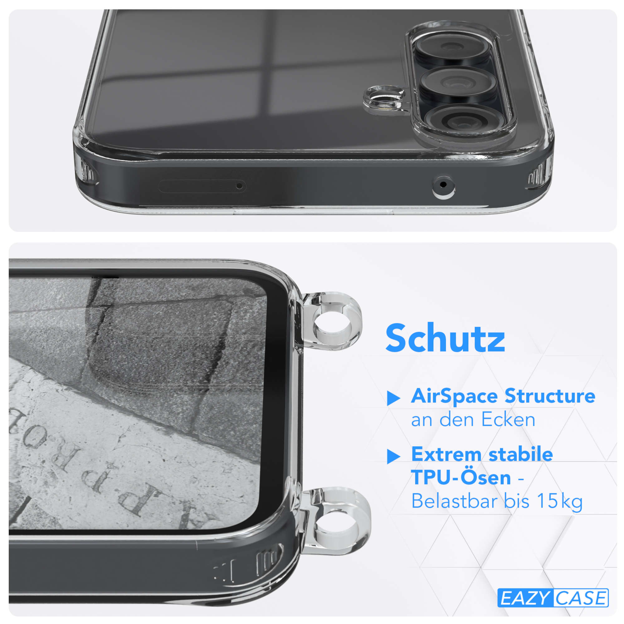 Nahaufnahme einer Handyhülle mit transparentem Design. Das Bild hebt die Kanten und die Struktur hervor.