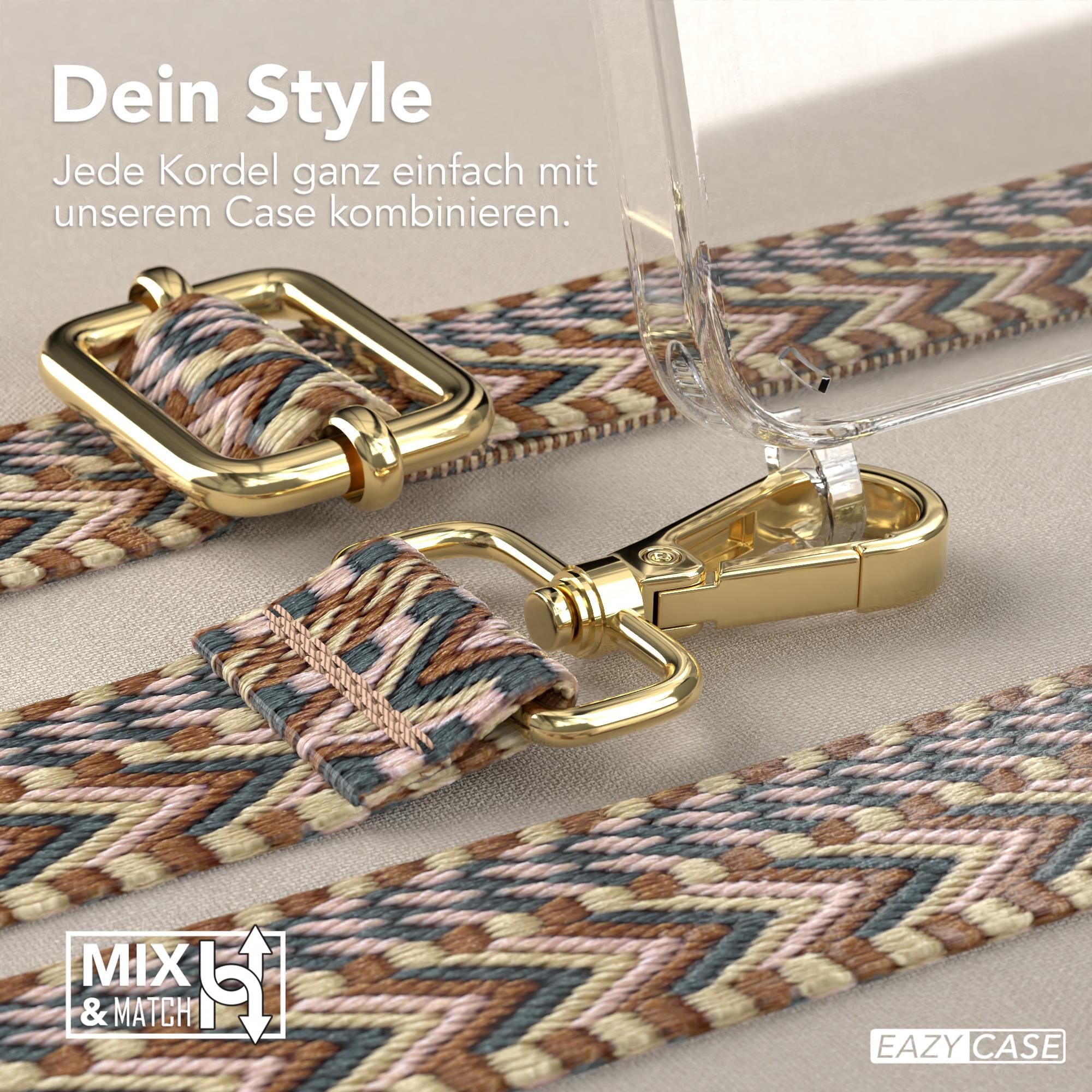 Nahaufnahme einer Handyhülle mit Trageriemen. Goldener Verschluss und brauner Hintergrund.