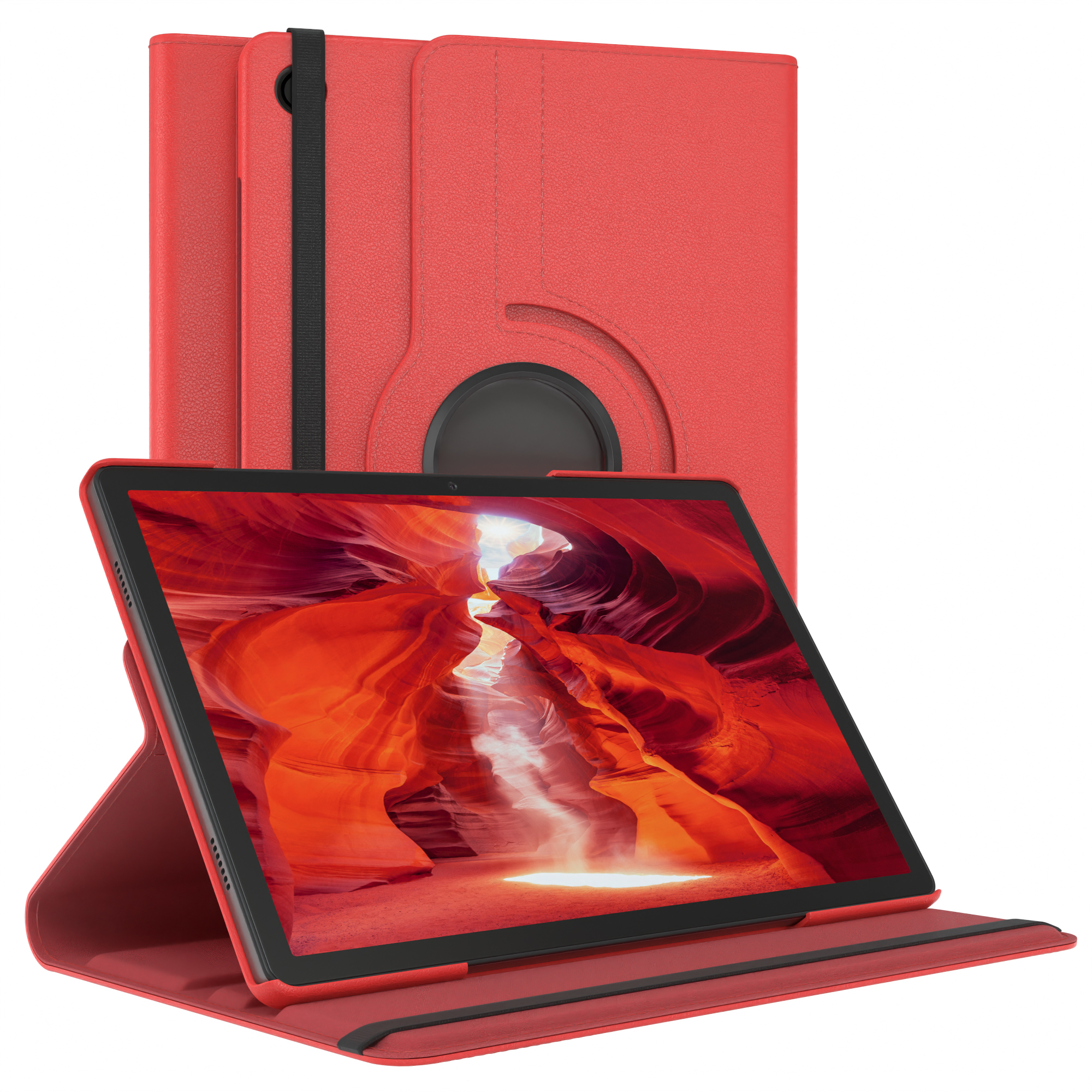 Rote Tablethülle mit Tablet darin, vor einem orangefarbenen Canyonbildschirmhintergrund.