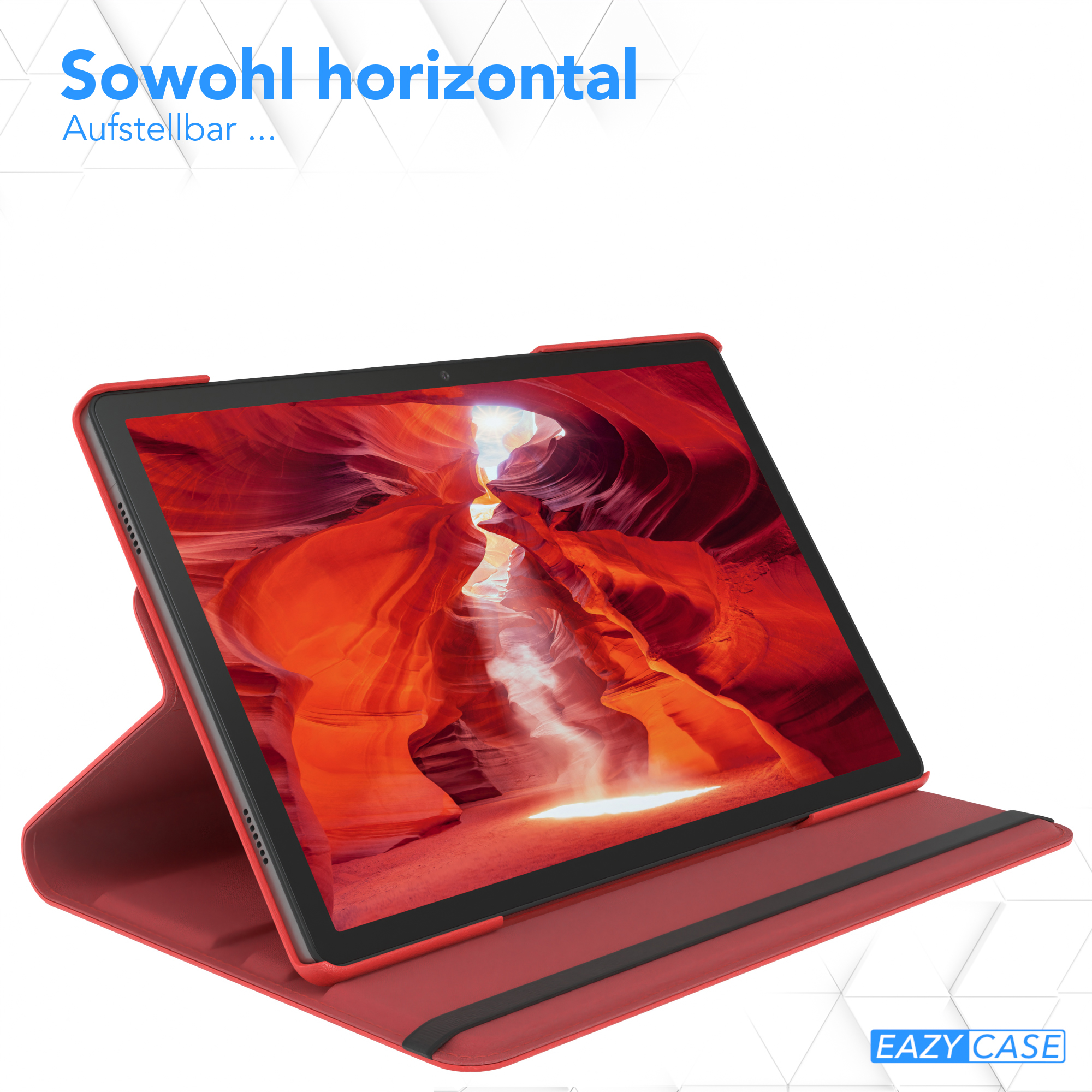 Rotes Tablet in roter Hülle, Canyon-Szene. Text: 'Sowohl horizontal'.