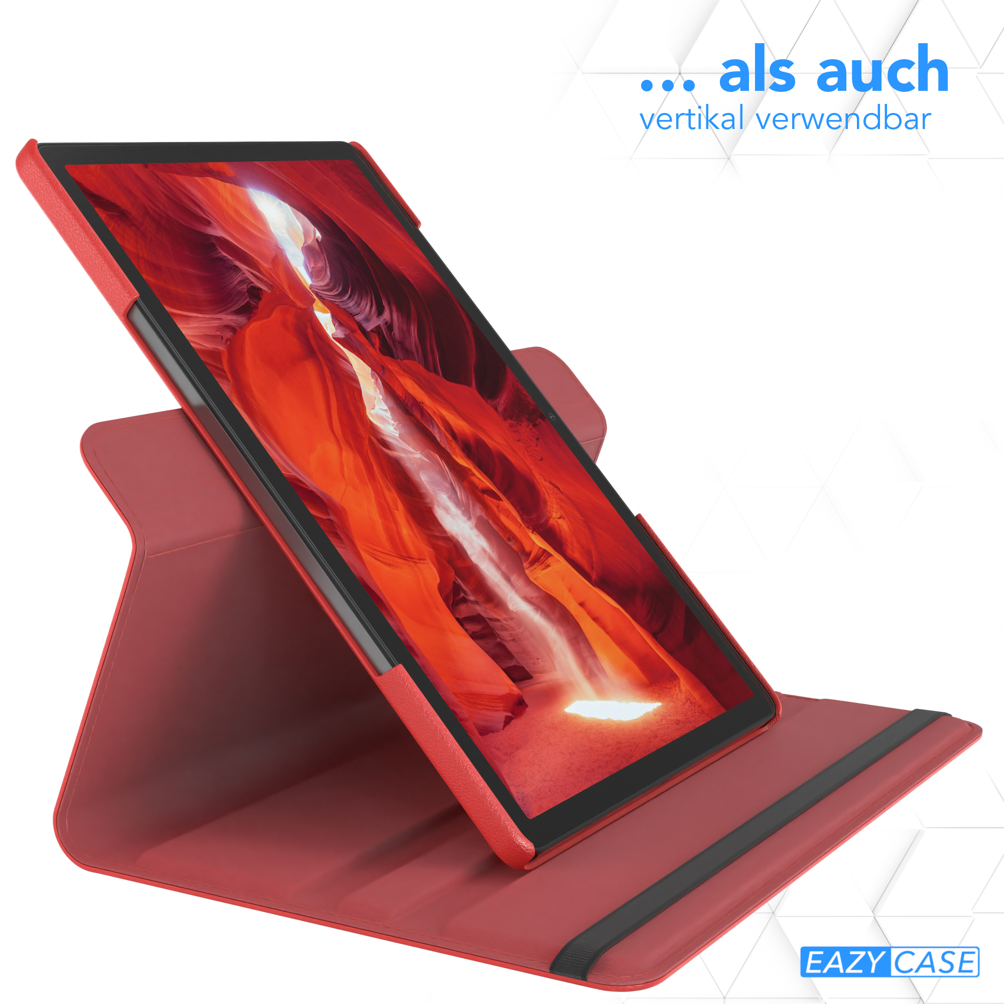 Ein rotes Tablet in einem Ständer, kann vertikal verwendet werden. Text auf Deutsch.