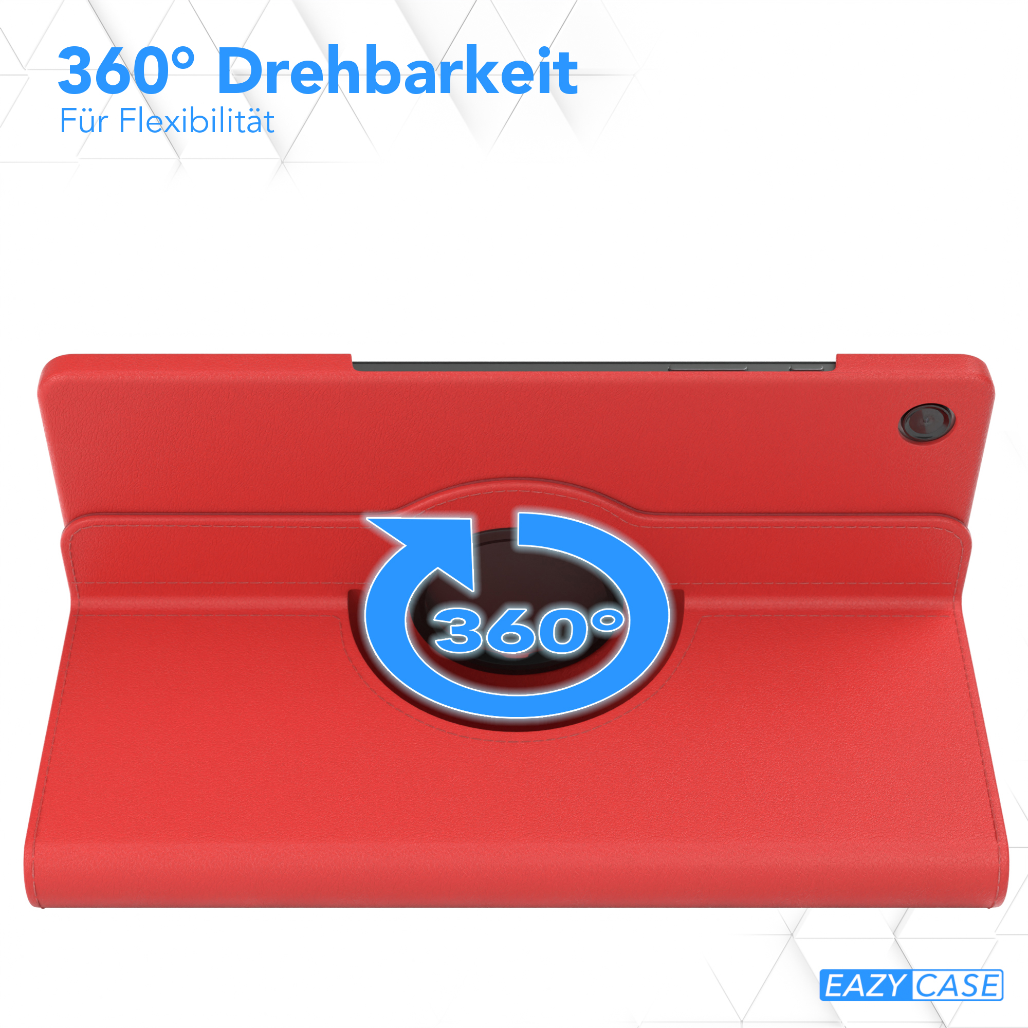 Rote Tablet-Hülle mit 360-Grad-Drehmechanismus. Blauer Pfeil zeigt die Drehrichtung.