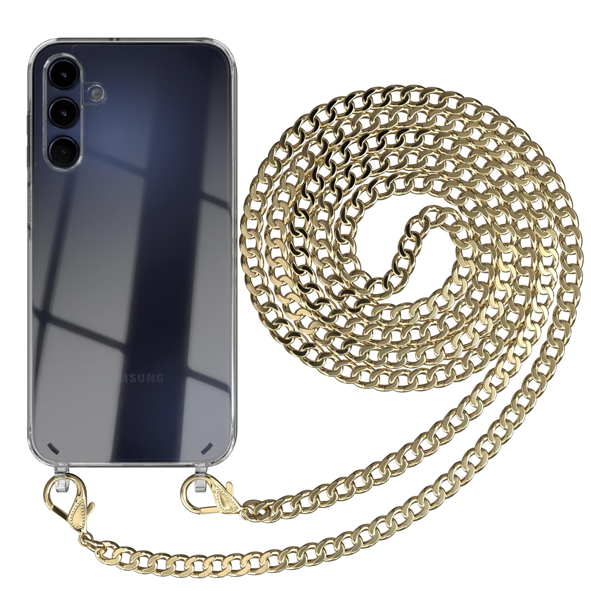 Handyhülle mit goldener Kette. Transparente Hülle mit Handy. Kette ist golden.