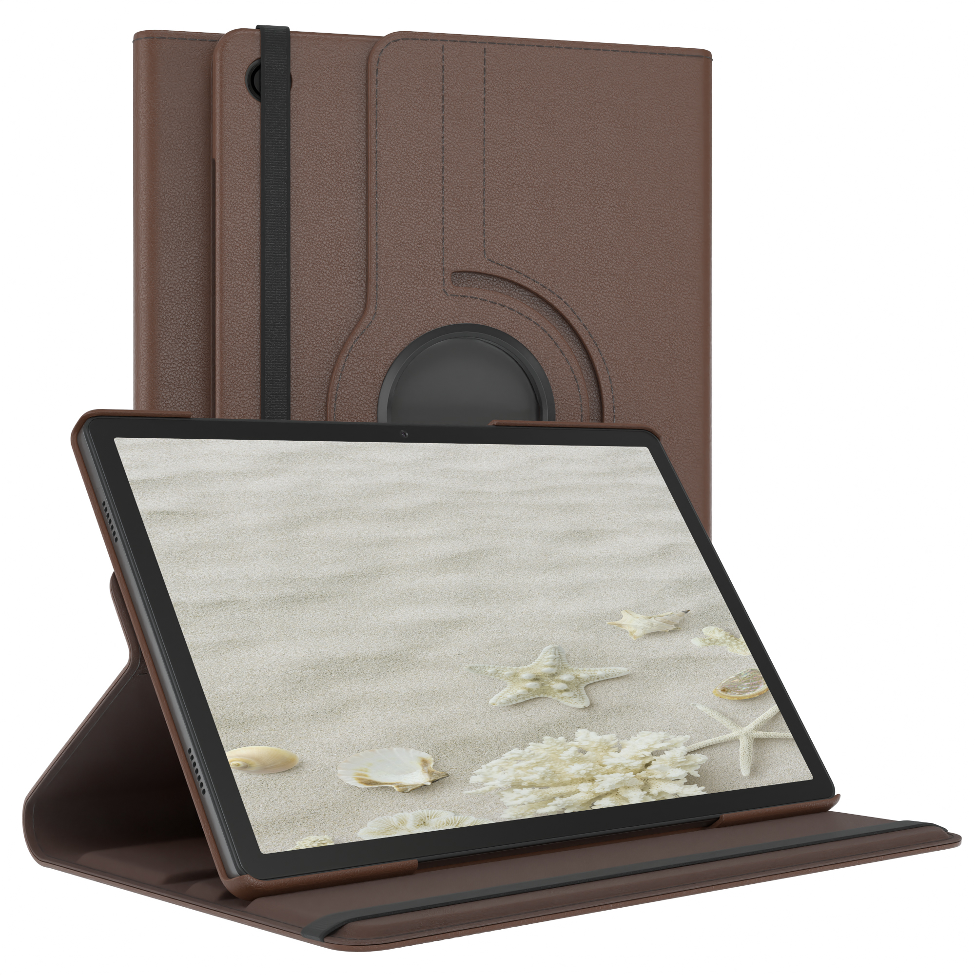 Braune Tablethülle, Tablet mit Strandbild auf dem Bildschirm, Seesternen und Muscheln. Auf Weiß.