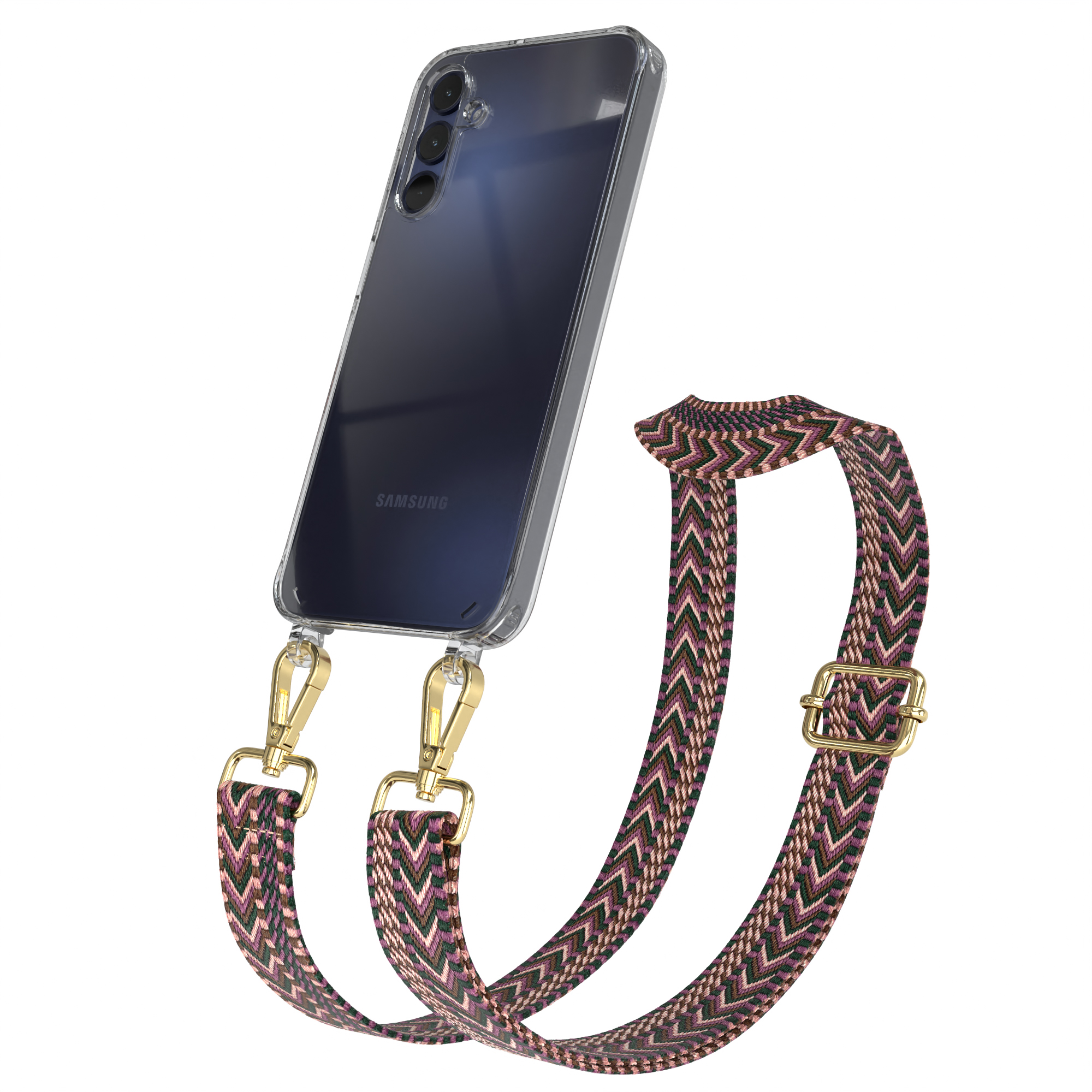 Ein Telefon mit klarer Hülle und gemustertem Gurt. Der Gurt ist rosa, grün und schwarz.