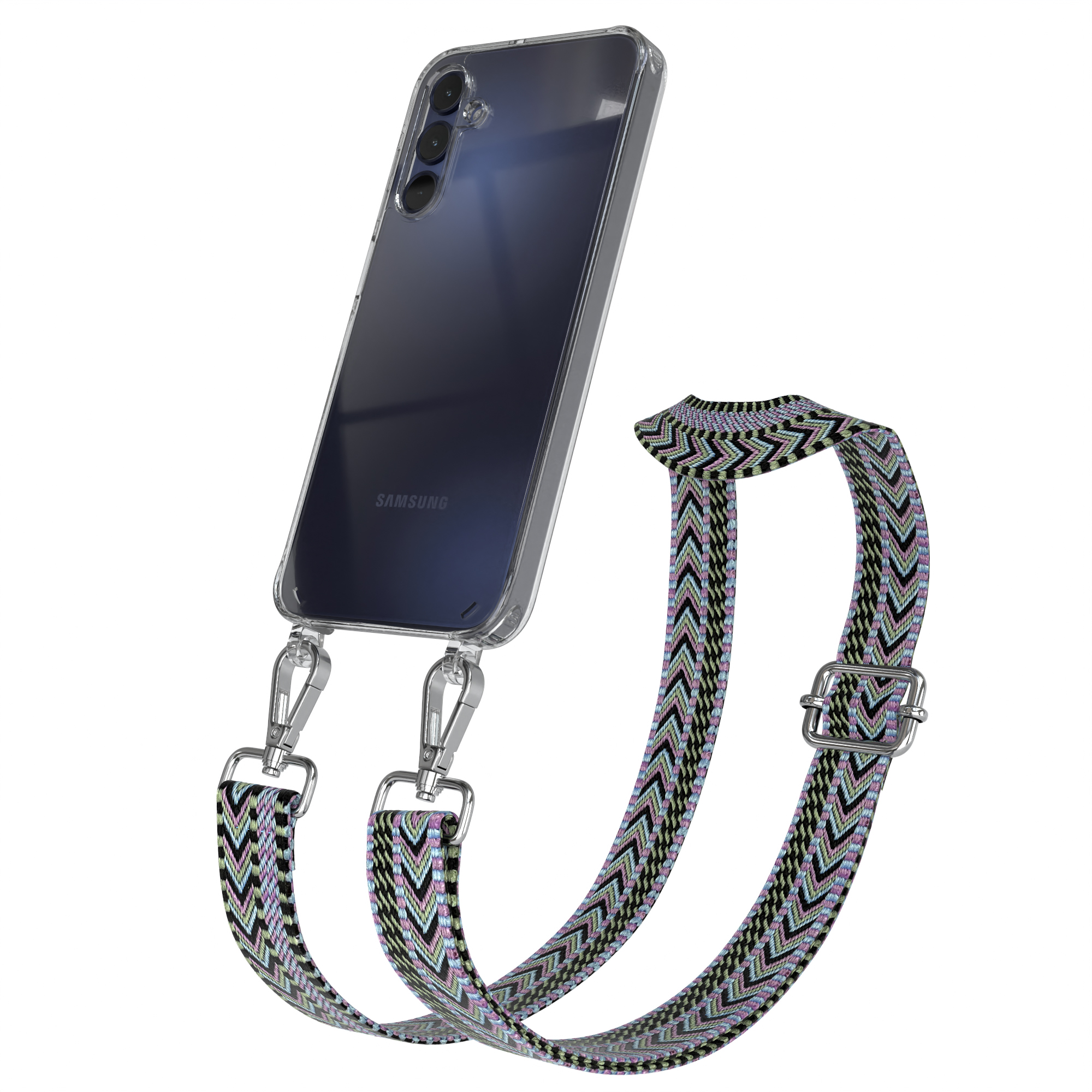 Ein Telefon in einer durchsichtigen Hülle mit einem gemusterten Riemen mit zwei silbernen Verschlüssen.