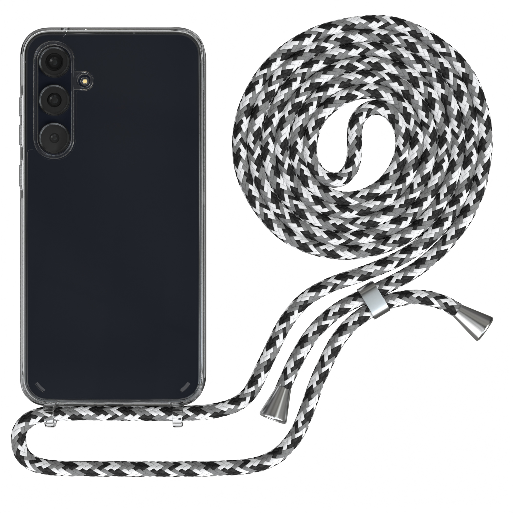 Schwarzes Telefon mit klarer Hülle und schwarz-weißem Schlüsselband.