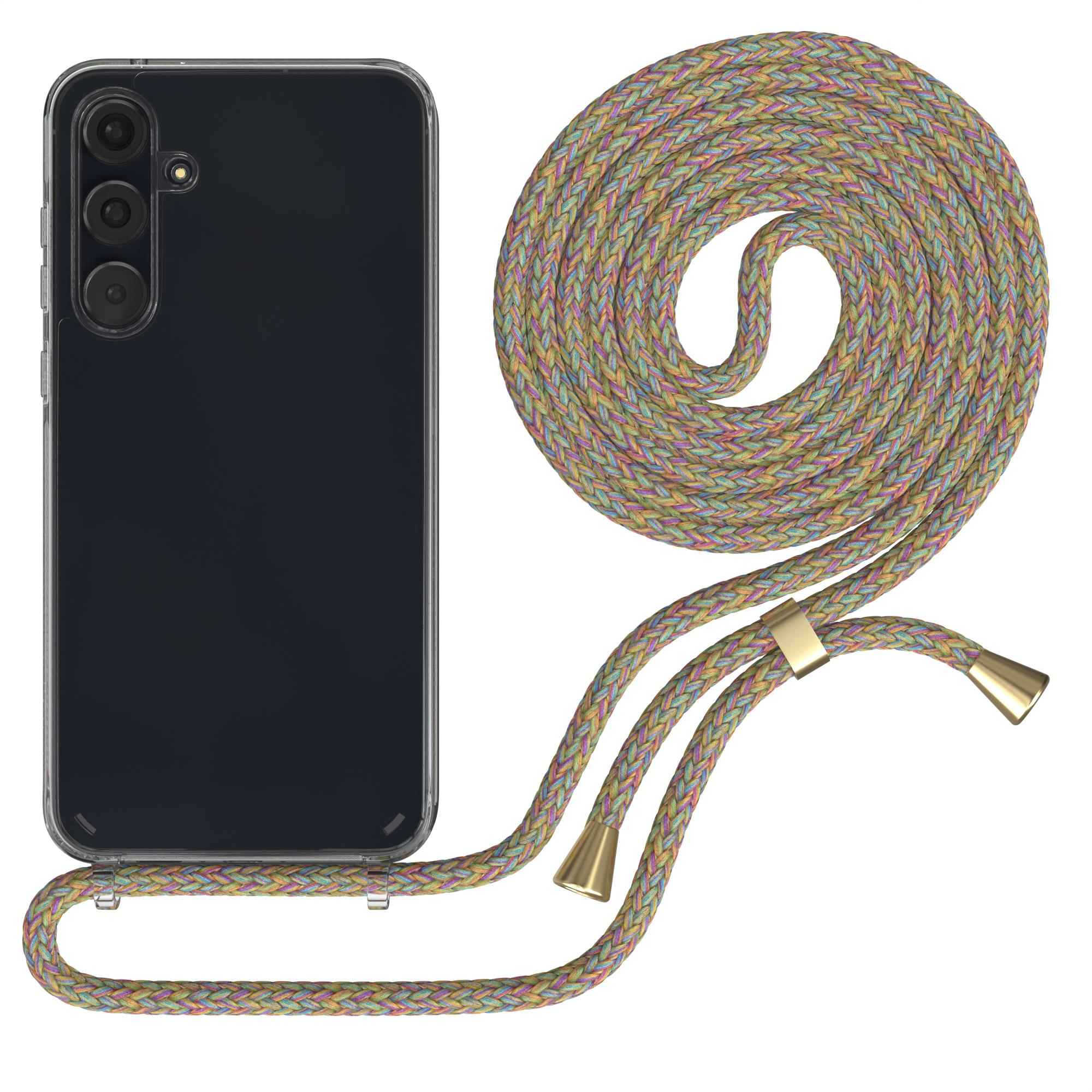 Eine Handyhülle mit buntem Gurt. Das Telefon befindet sich in der Hülle.