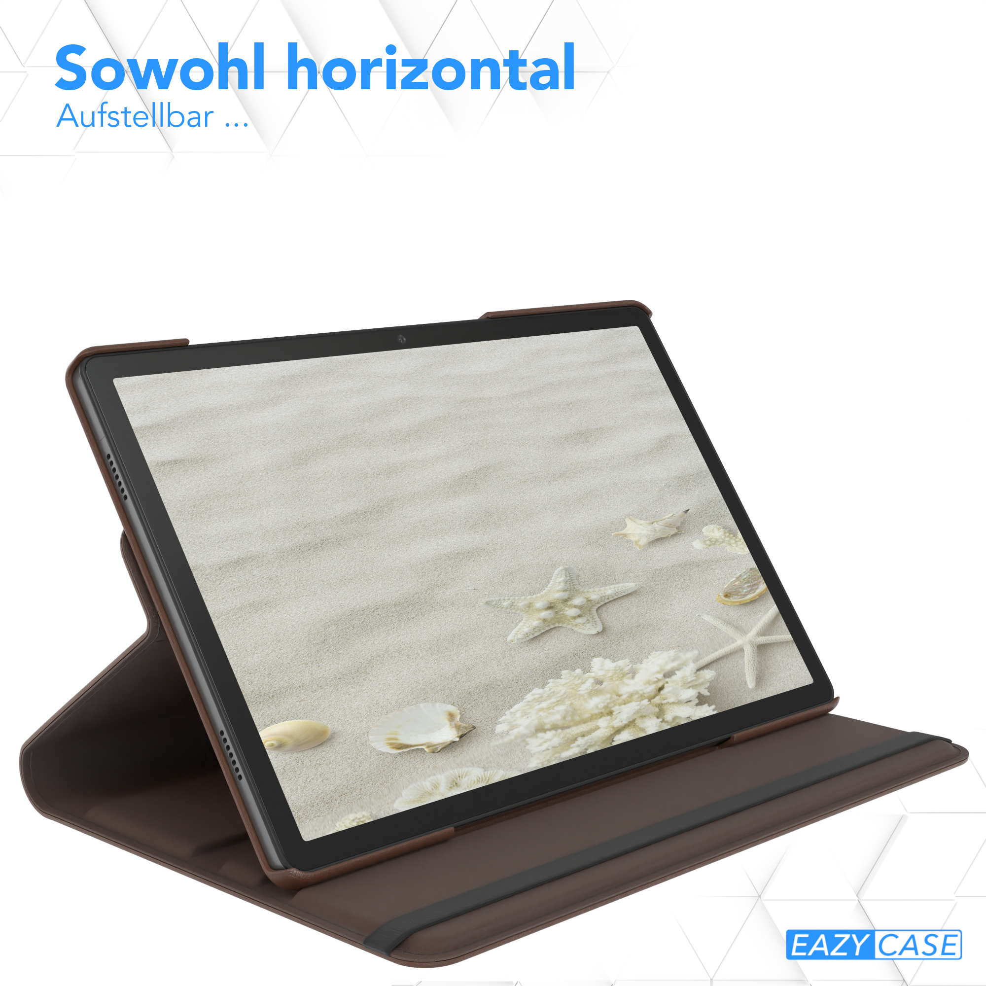 Tablet in brauner Hülle mit Strandansicht mit Seesternen.