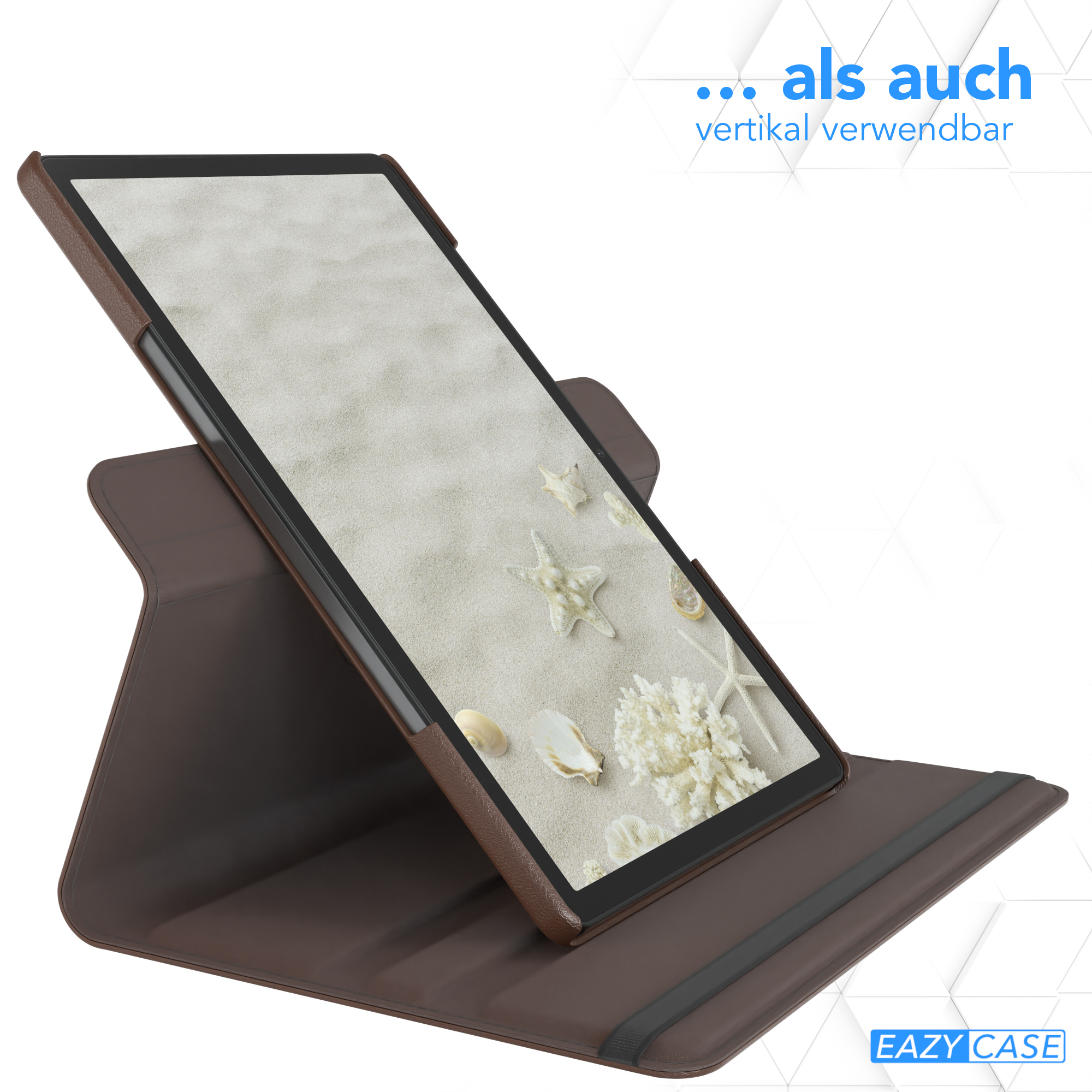 Tablet auf einer braunen Hülle mit einer Strandszene auf dem Bildschirm.
