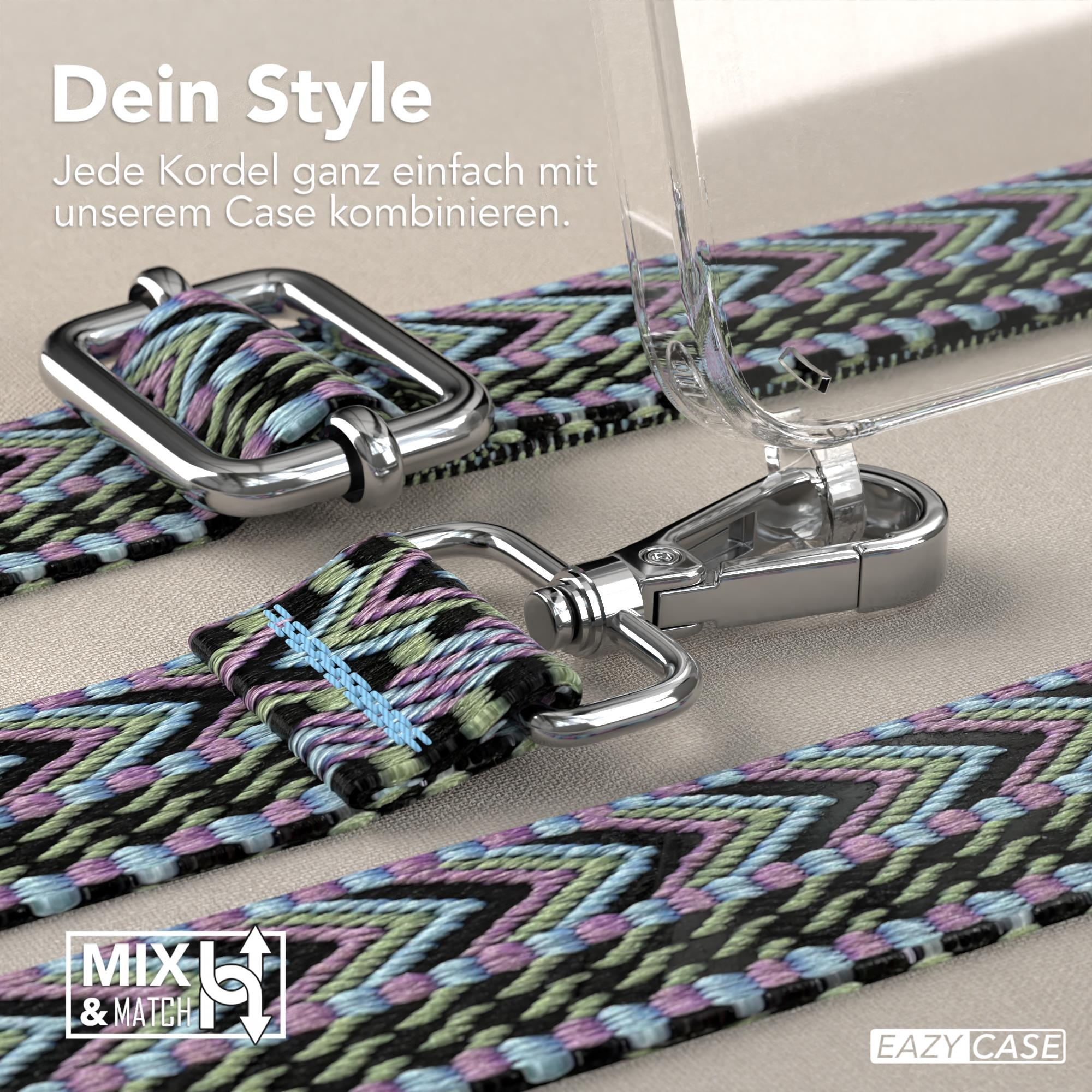 Nahaufnahme eines Handybandes mit einer transparenten Handyhülle. Band hat buntes Webdesign und silberne Hardware.