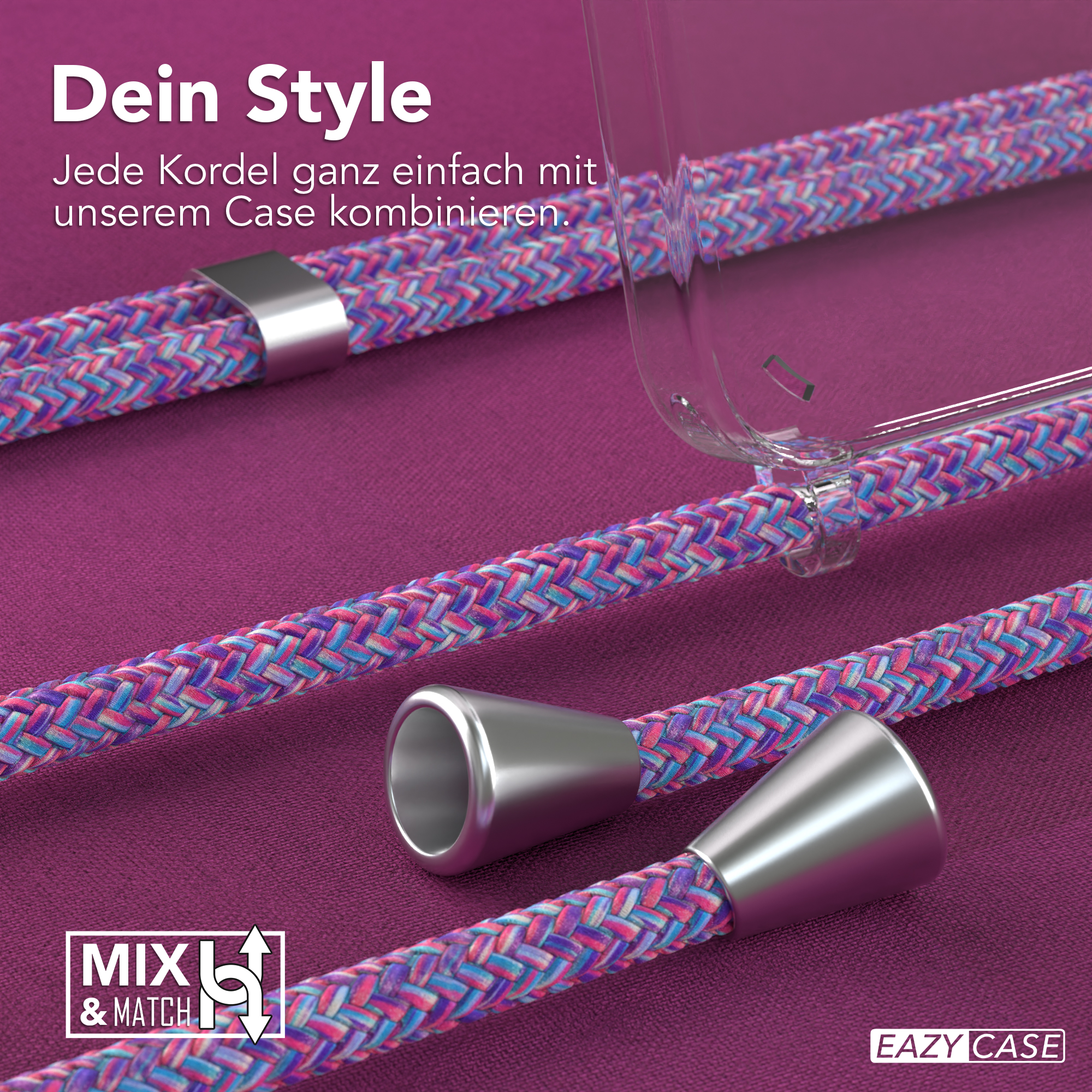 Lila-blaues Telefon-Umhängeband und eine transparente Handyhülle.