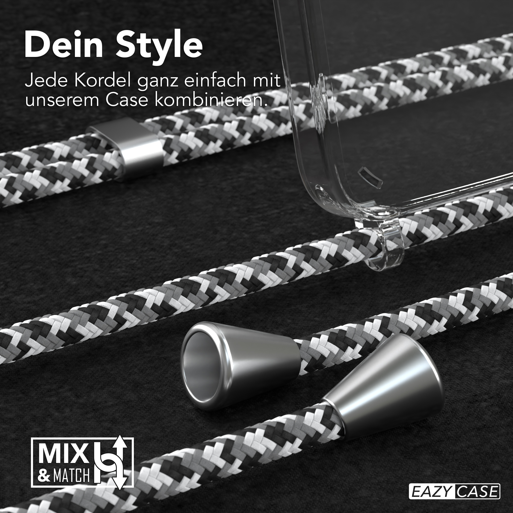 Nahaufnahme von Handyhüllen-Lanyards. Es gibt mehrere Schlüsselbänder mit einer transparenten Hülle. Der Hintergrund ist dunkel.