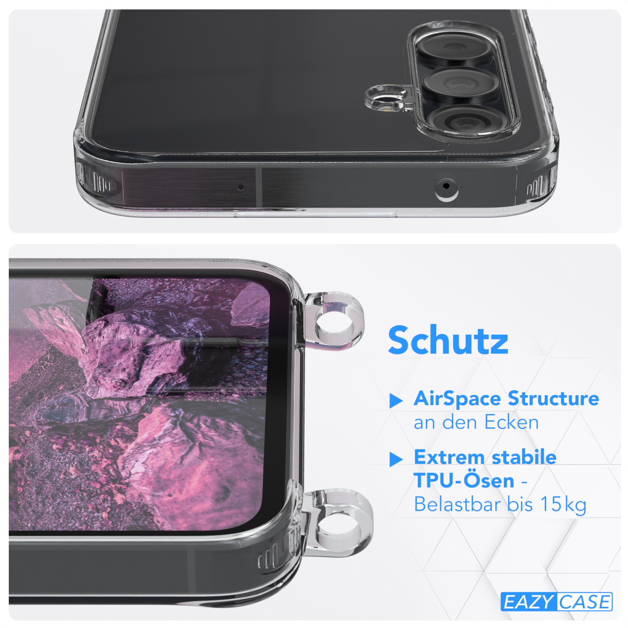 Transparente Handyhülle mit TPU-Ösen und AirSpace-Struktur. Hintergrund hat lila abstrakte Kunst.