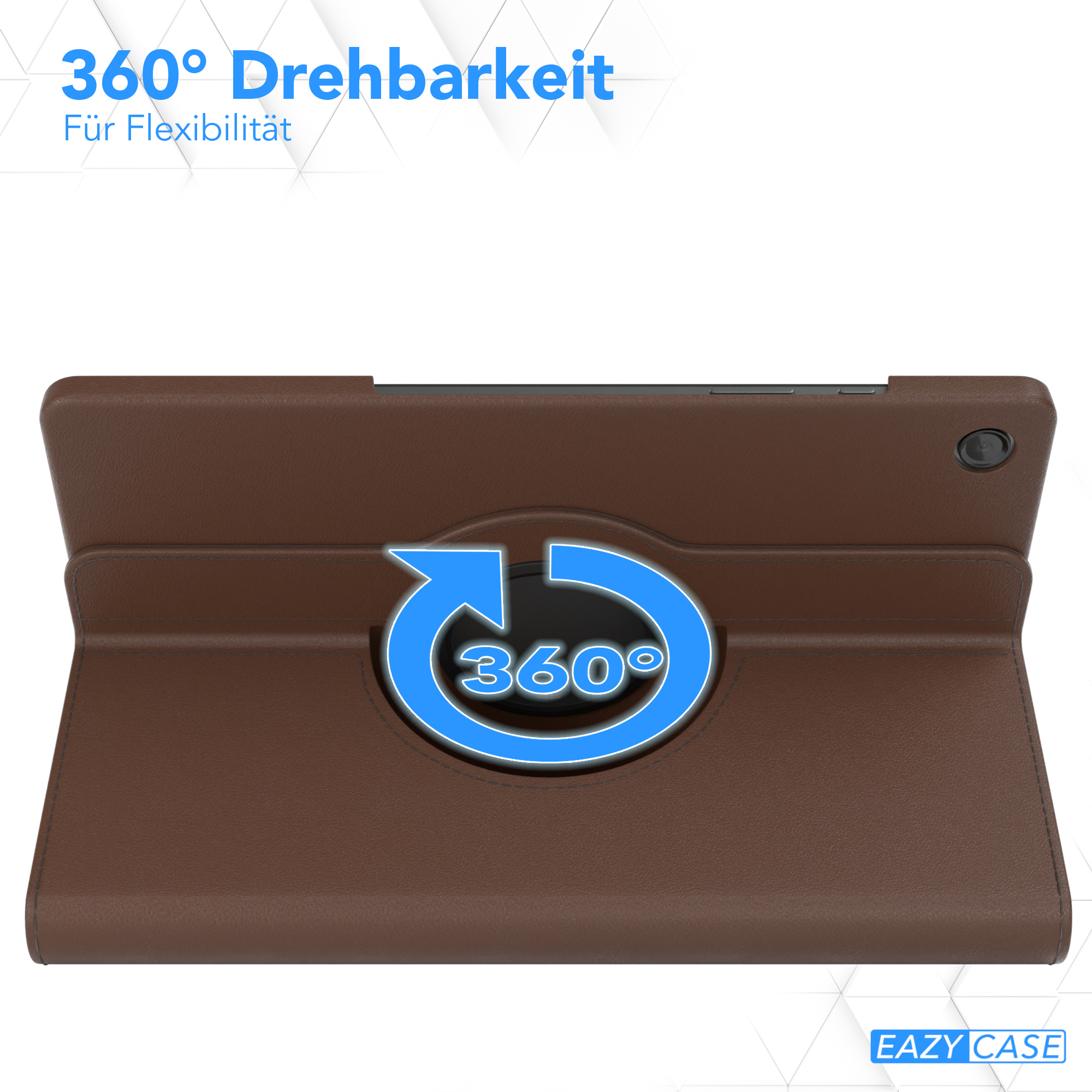 Ein Tablet in einer braunen Schutzhülle. Die Hülle ermöglicht 360° Drehung.