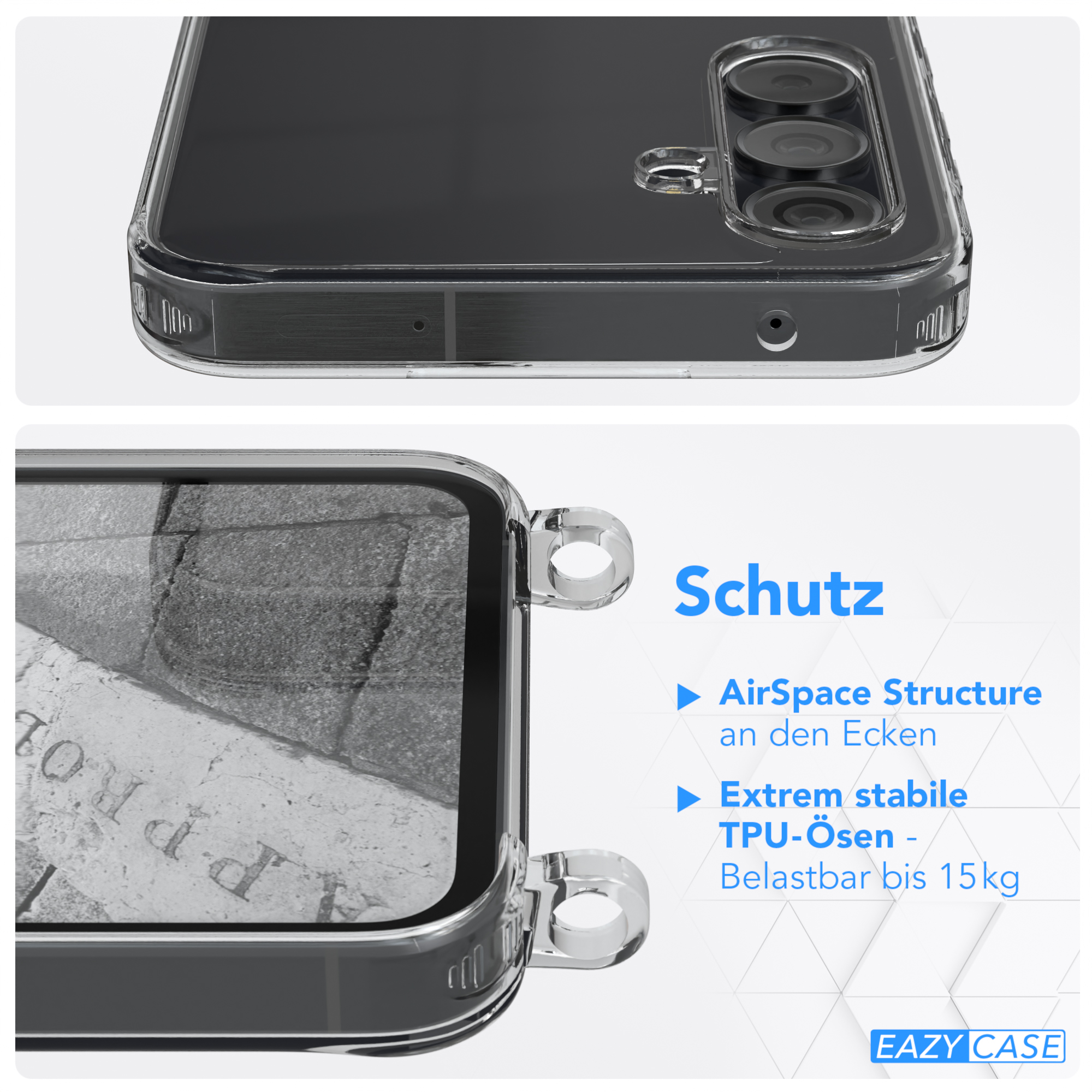 Nahaufnahme einer Handyhülle mit transparentem Rücken, zeigt das Telefondesign.