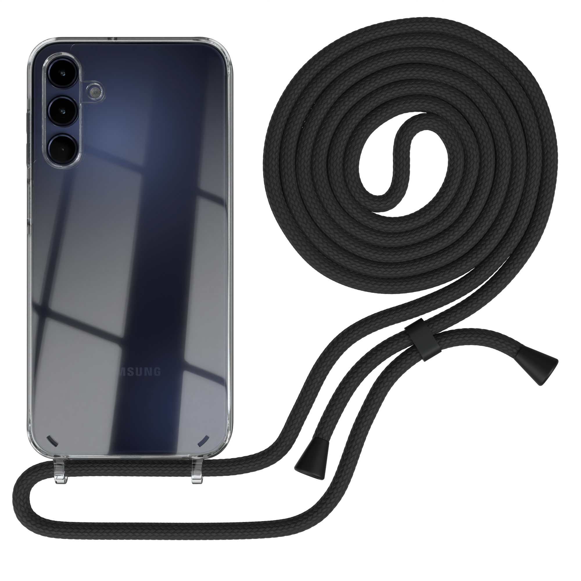 Transparente Handyhülle mit schwarzem Lanyard. Handyhülle ist auf der linken Seite.
