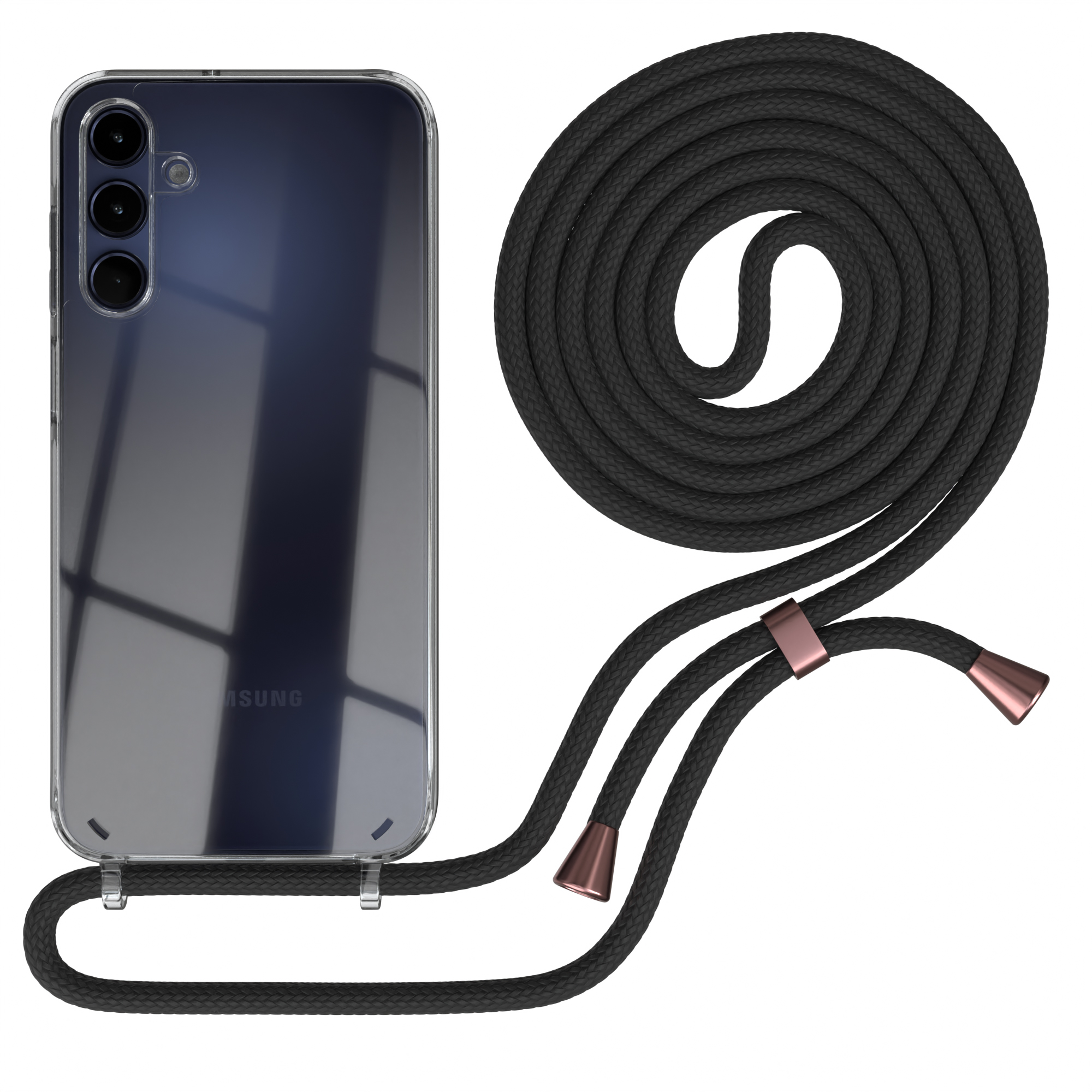 Transparente Handyhülle mit schwarzem Kordel, roségoldenen Akzenten, Samsung Telefon.
