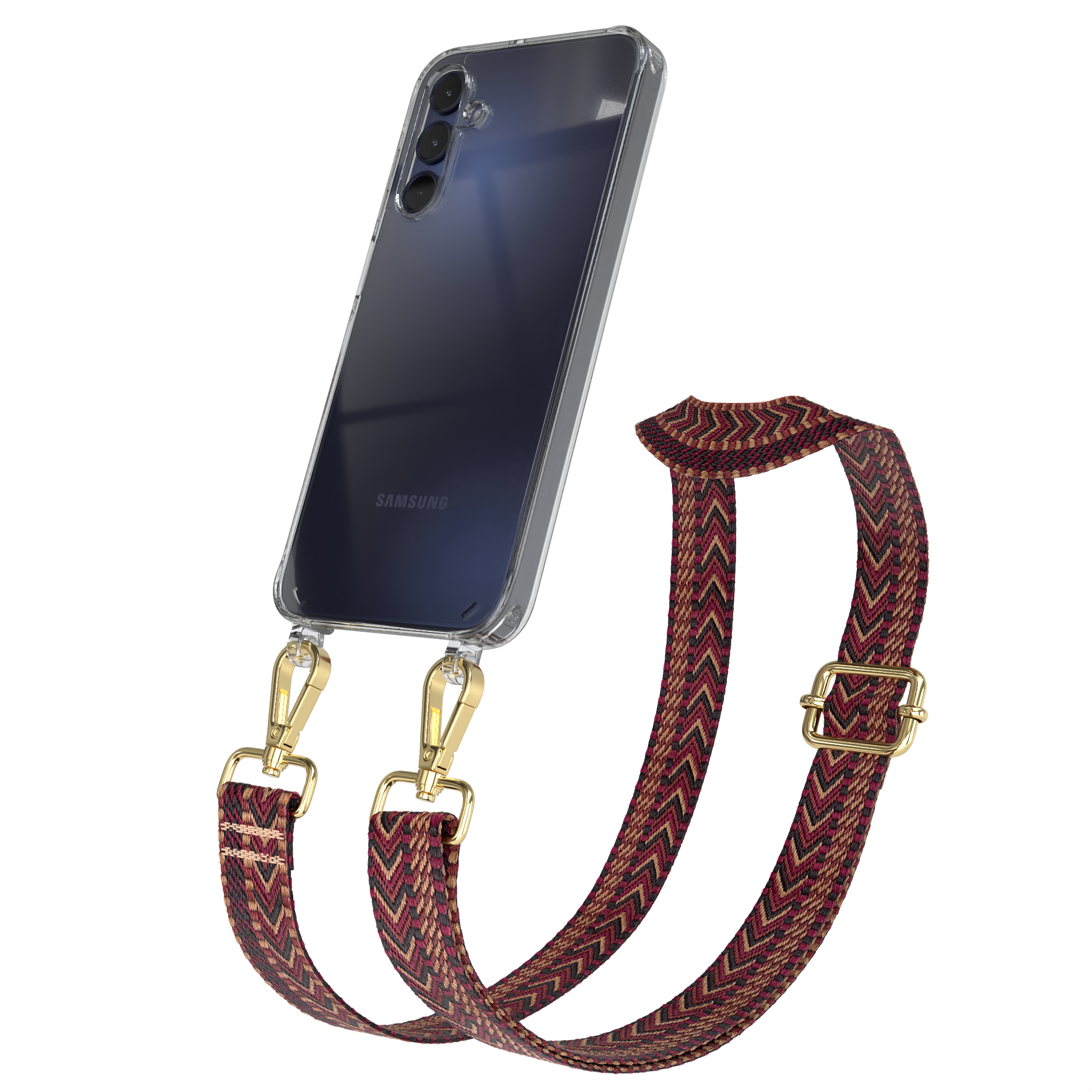 Schwarzes Smartphone in klarer Hülle mit maroon, braunem und goldenem Riemen. Metallschnalle.