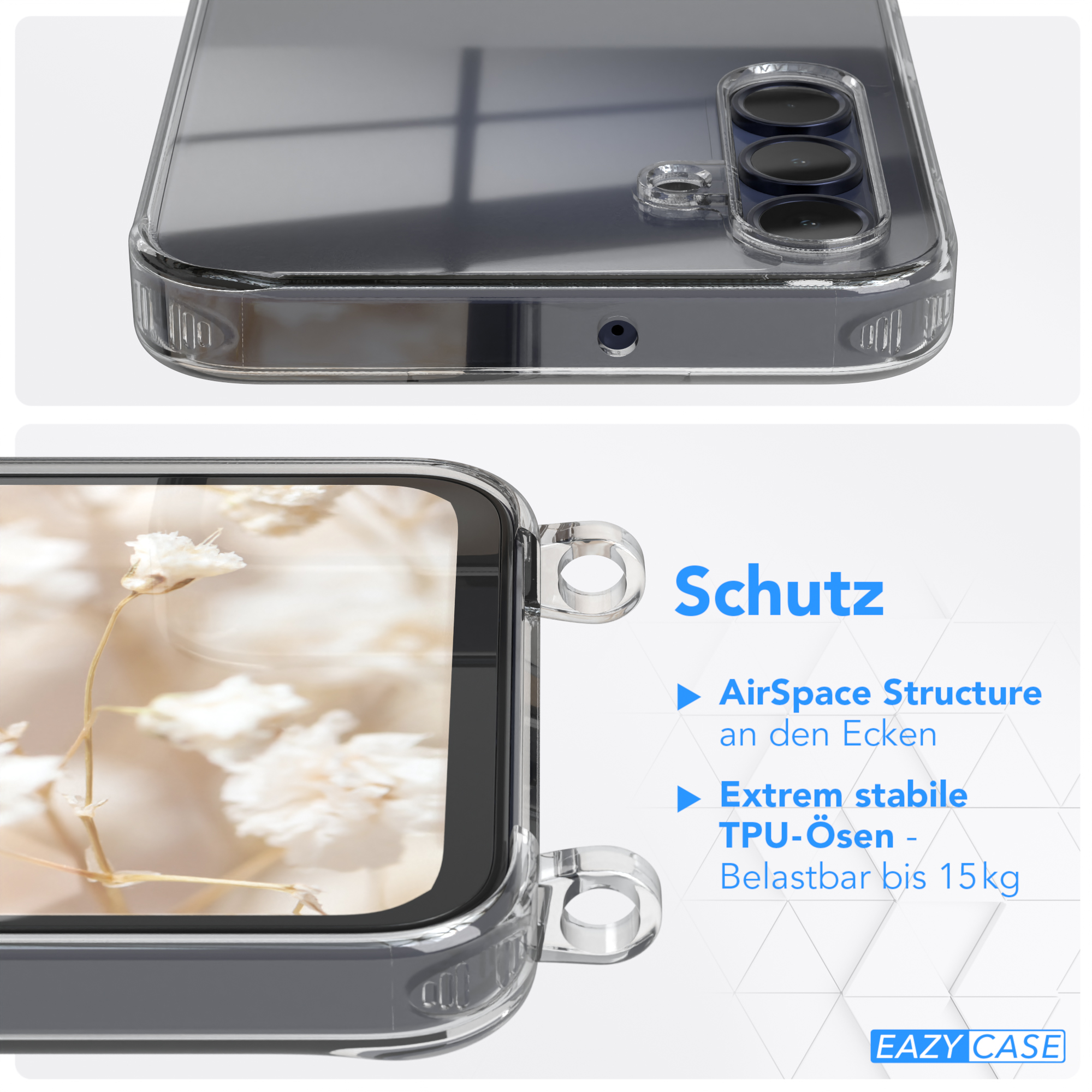 Nahaufnahme einer Handyhülle mit transparentem Design, die Kamera und Kanten zeigt.