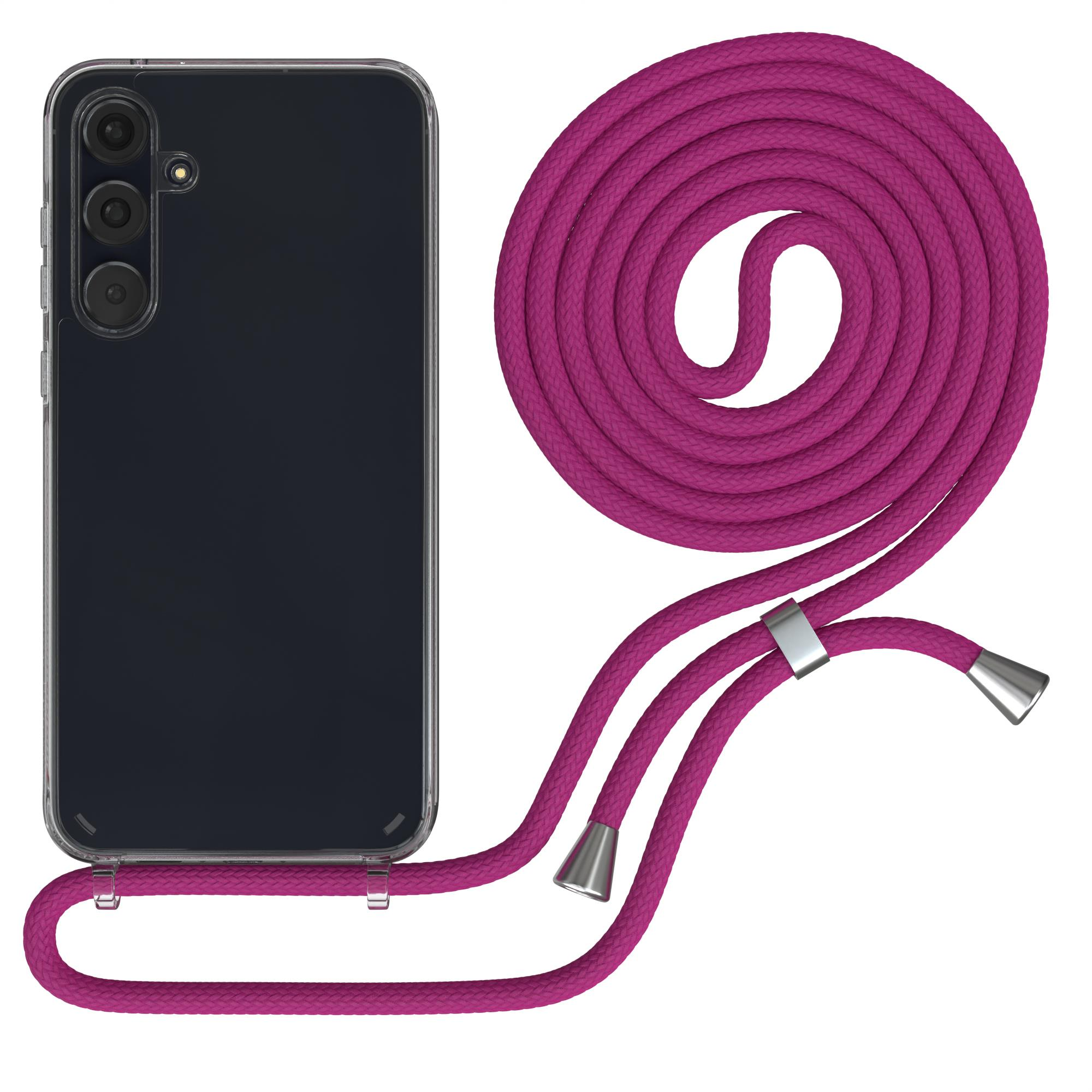 Pinkes Schlüsselband mit transparenter Handyhülle. Die Handyhülle ist links.