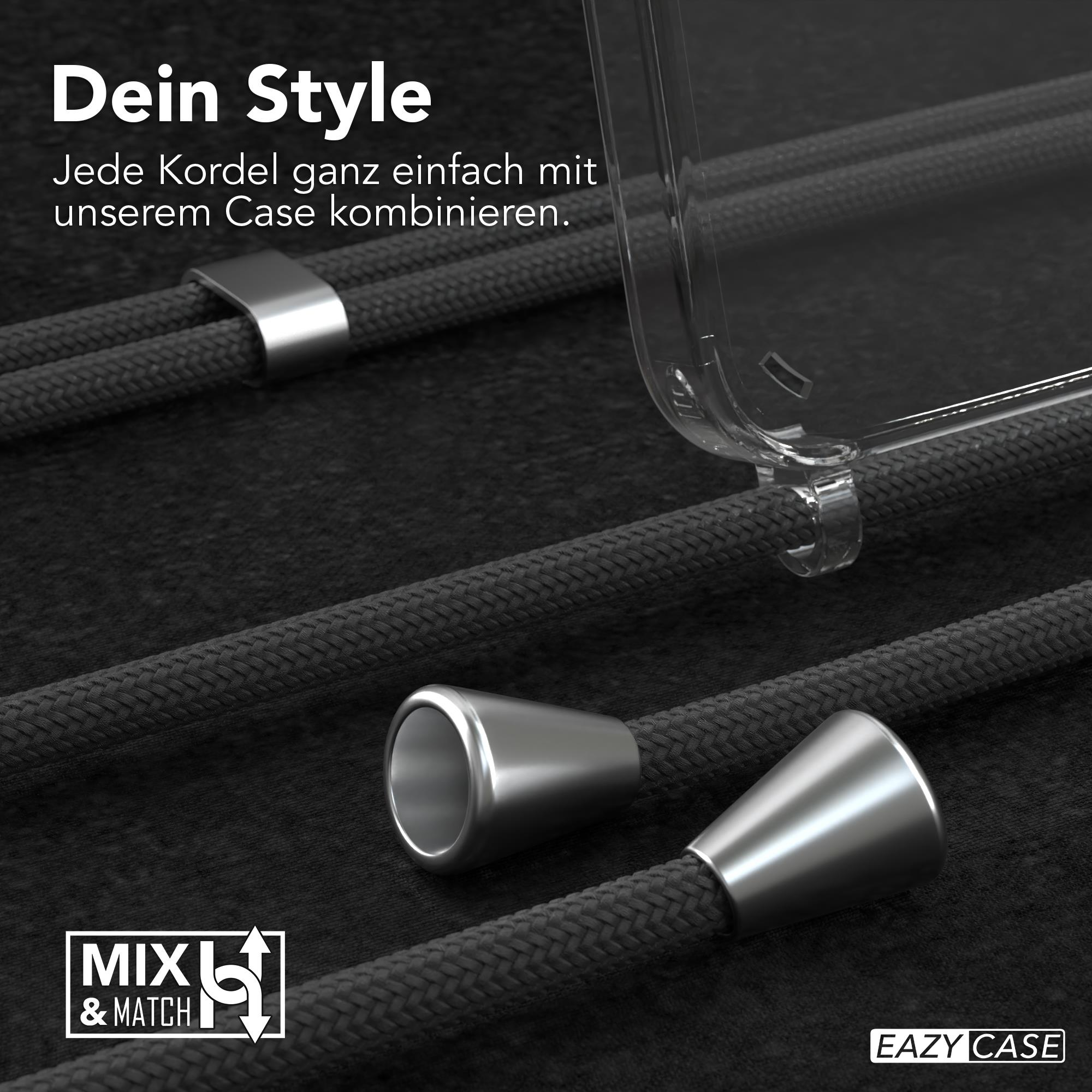 Transparente Handyhülle mit schwarzem Kabel und silbernen Akzenten. Der Hintergrund ist schwarz.