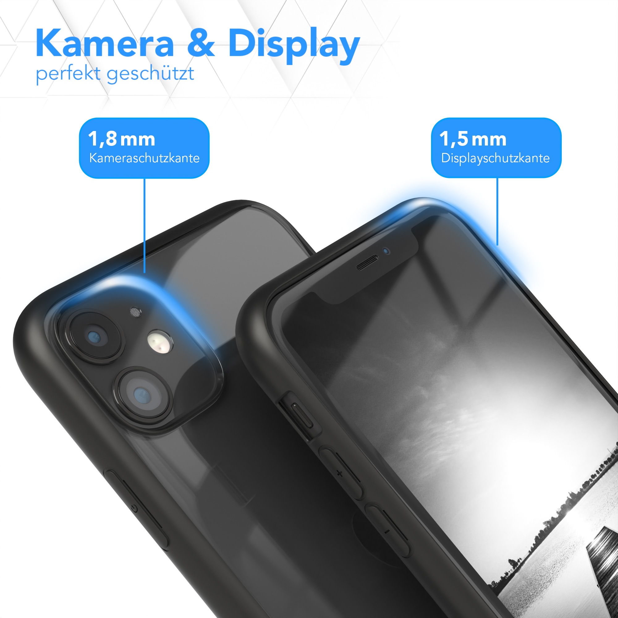 Schwarze Handyhülle auf schwarzem Telefon. Text: Kamera & Display, perfekt geschützt.