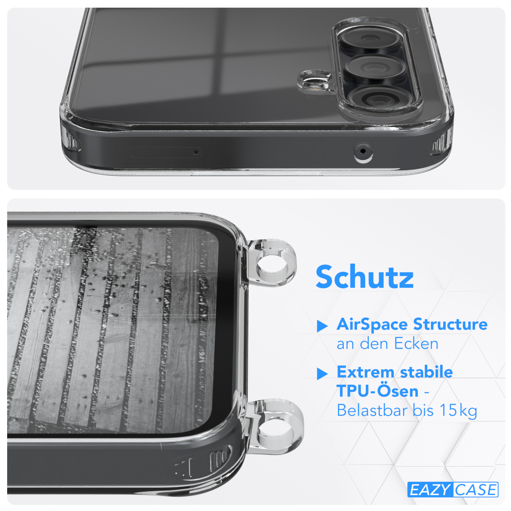 Nahaufnahme einer Handyhülle, durchsichtigem Kunststoff, mit einem Telefon. Text: Schutz. AirSpace Structure, TPU-Ösen.