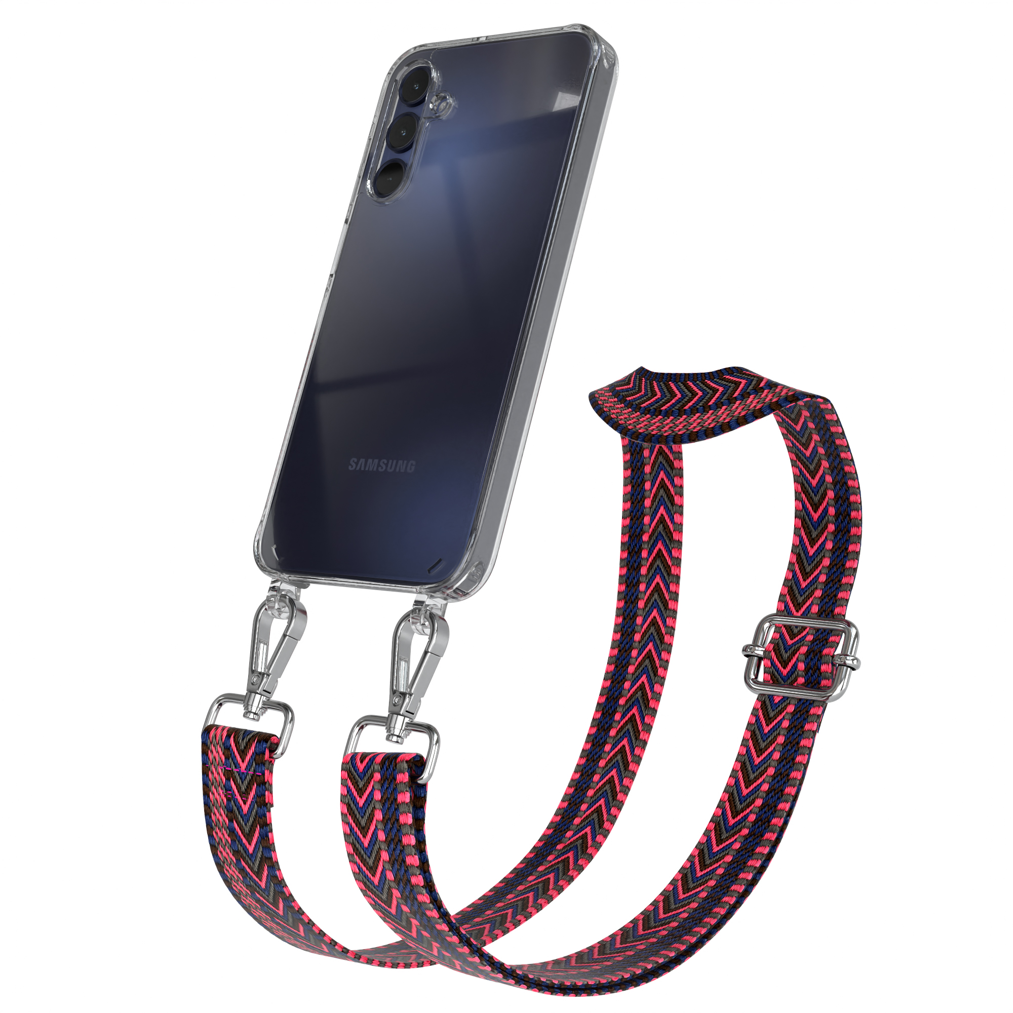 Transparente Handyhülle mit Telefon und gemustertem Gurt. Gurt hat silberne Haken und eine Schnalle.