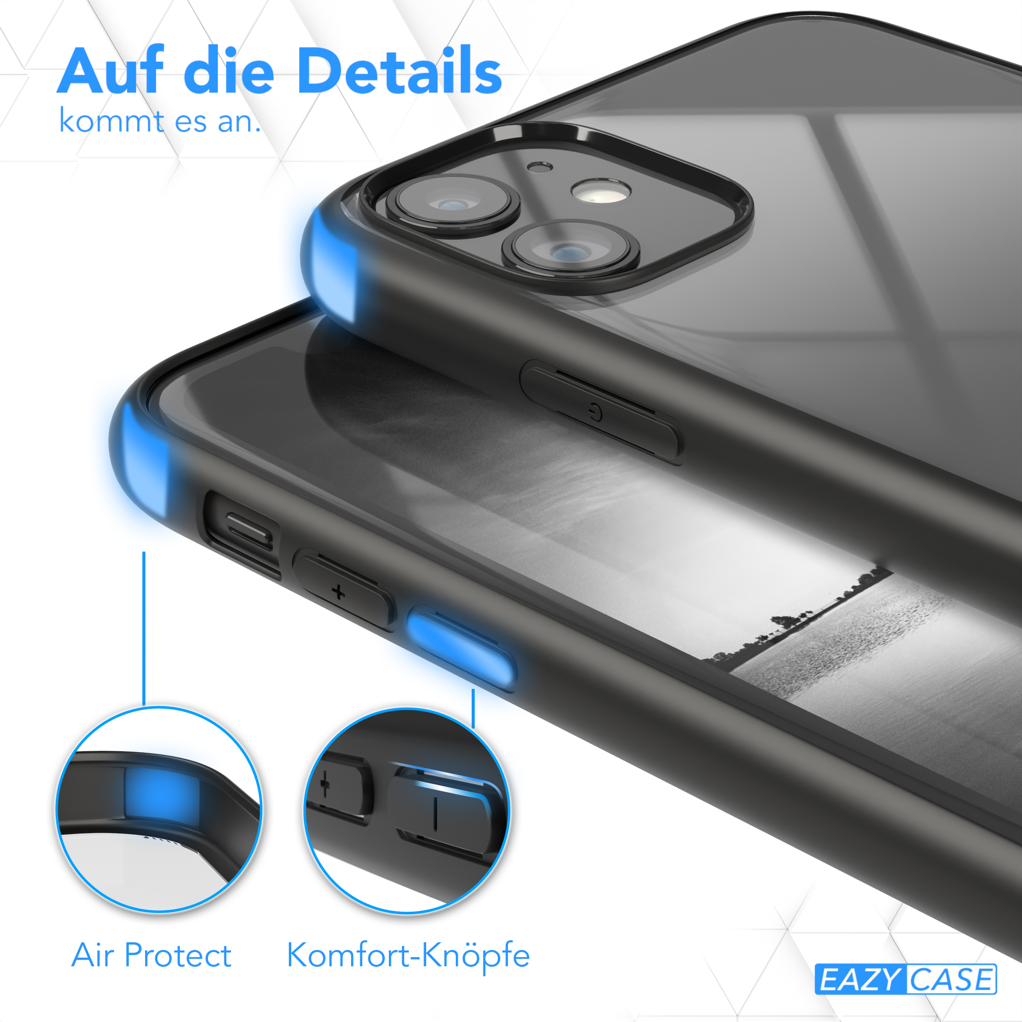 Nahaufnahme von zwei Telefonen in schwarzen Hüllen mit blauen Lichtakzenten. Knöpfe und Kamera sind sichtbar.