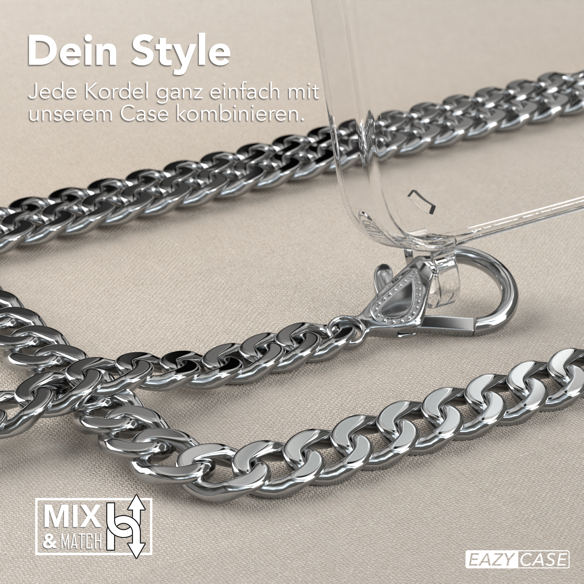 Nahaufnahme einer silbernen Kette und einer durchsichtigen Handyhülle. Die Kette liegt vor der Hülle.