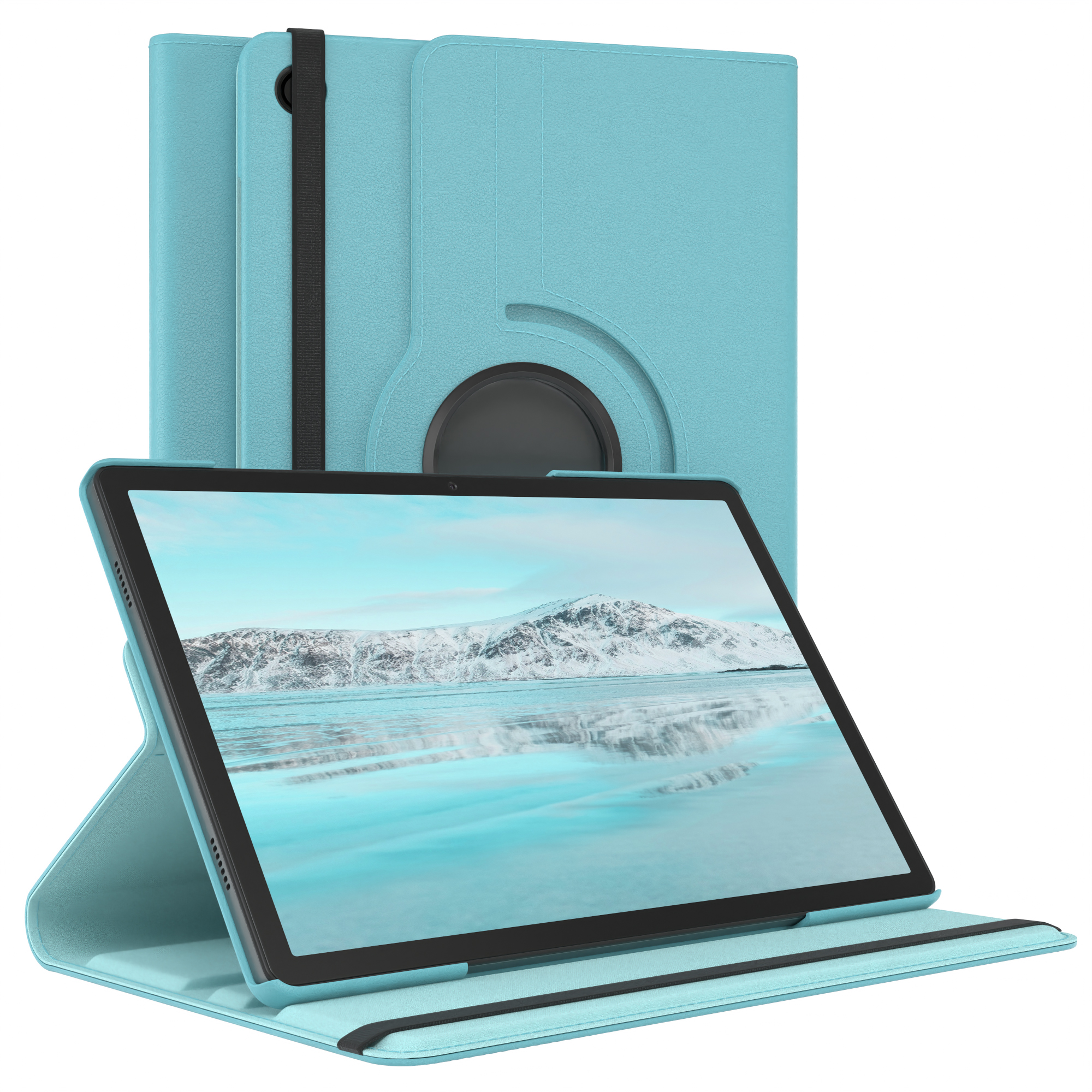 Tablet in blauem Gehäuse mit Landschaft auf dem Bildschirm.