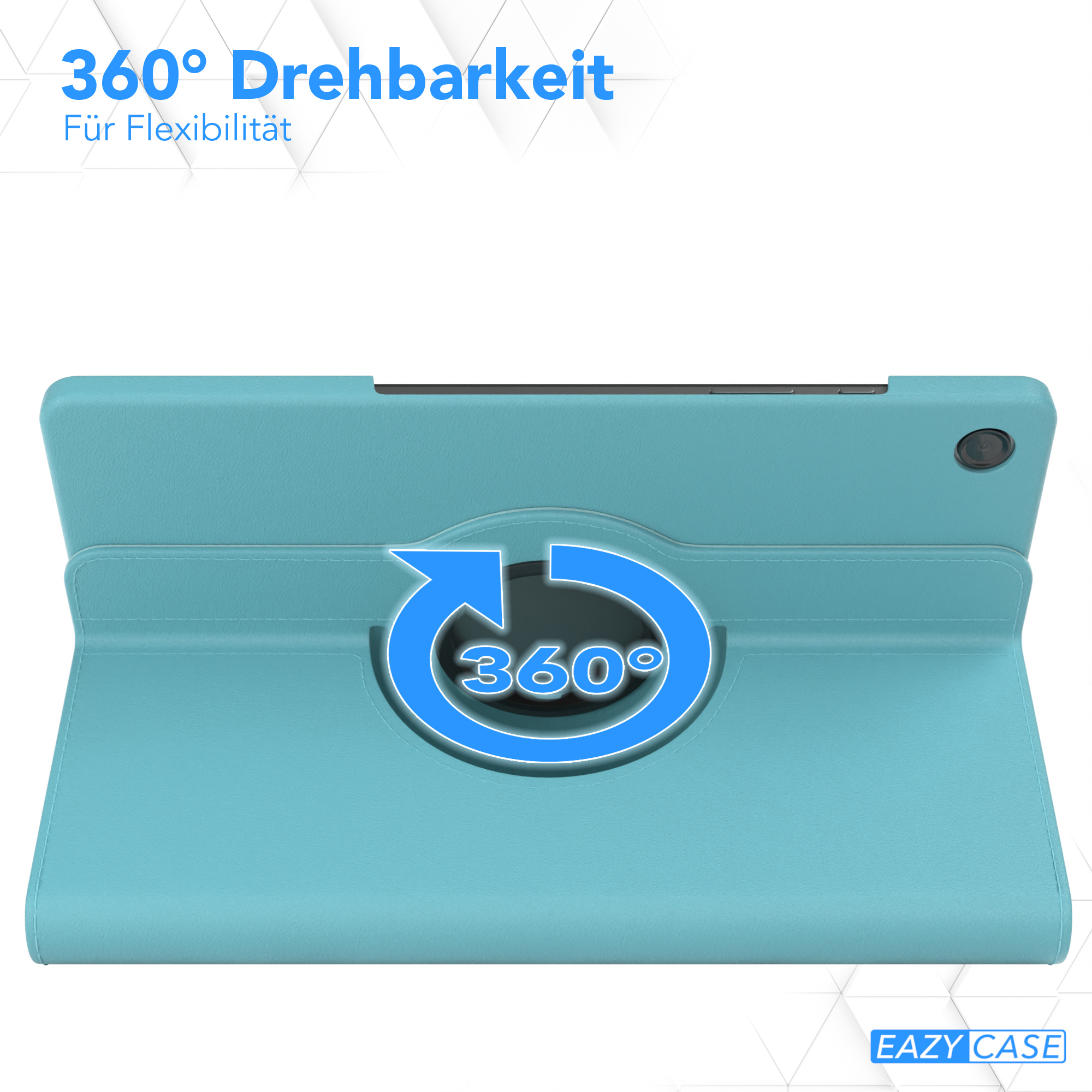 Tablet in türkisfarbenem Case, mit 360°-Pfeilgrafik. Weißer Hintergrund.