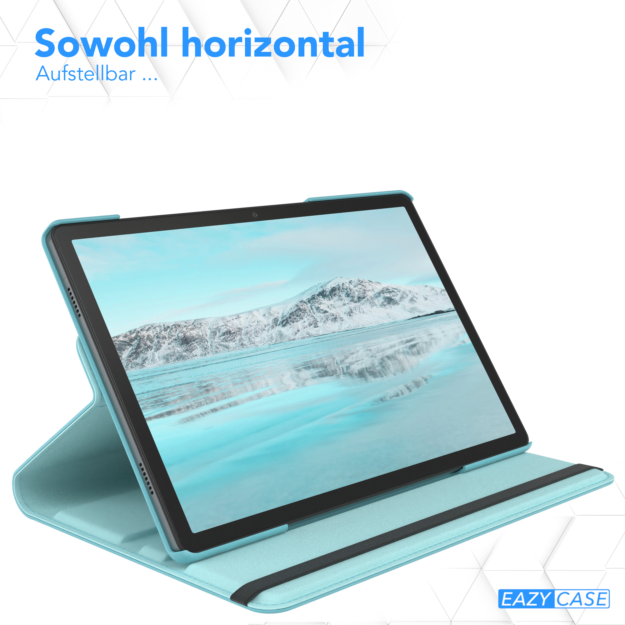 Blaue Tablethülle, geöffnet, mit Tablet und Text, der horizontale Platzierung anzeigt.