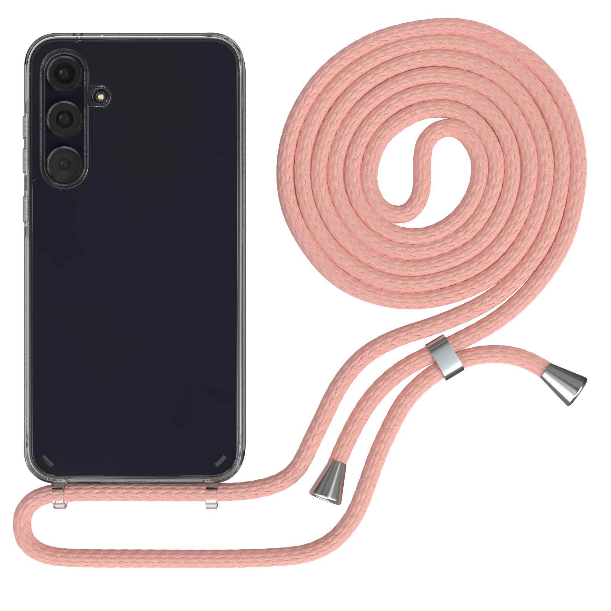 Pfirsichfarbenes Schlüsselband mit transparenter Handyhülle. Handyhülle ist links.