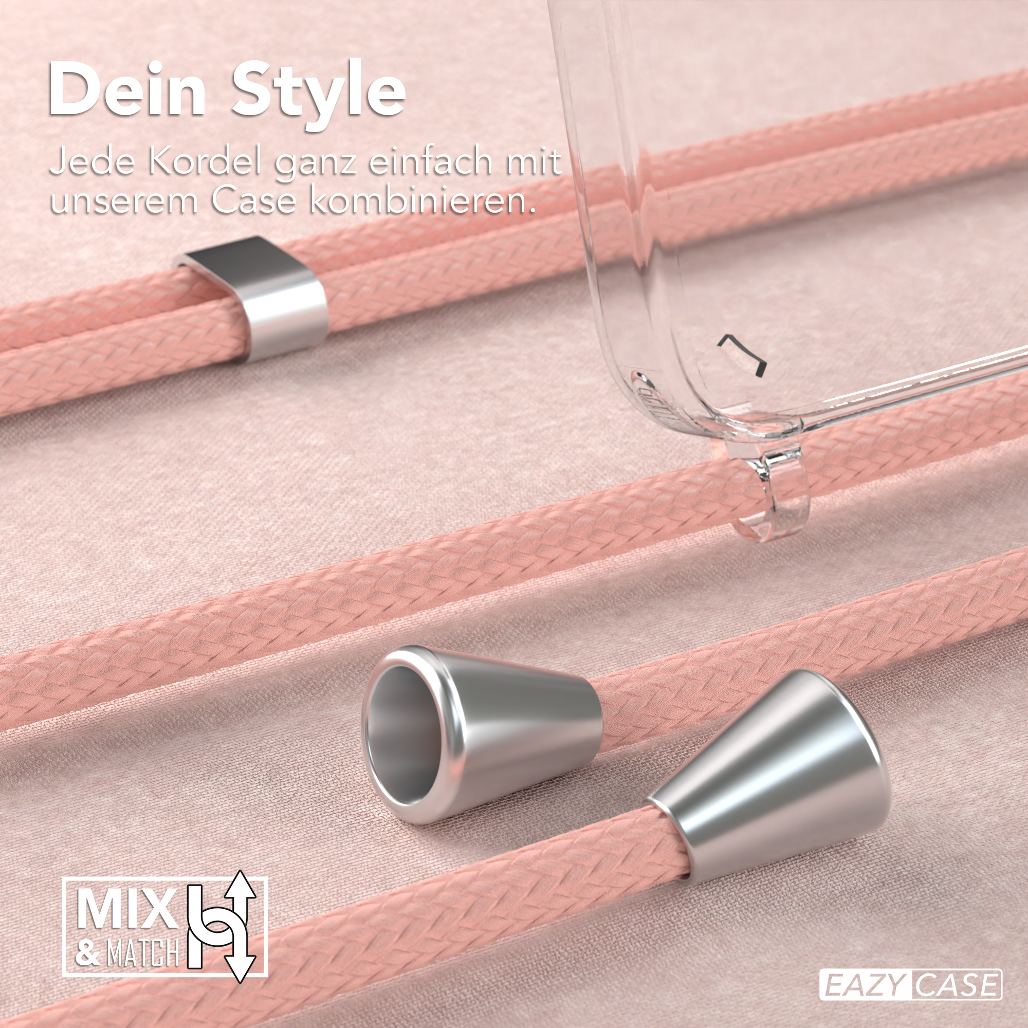 Nahaufnahme von rosa Kordeln, silbernen Metallakzenten und einer Handyhülle mit Logo.