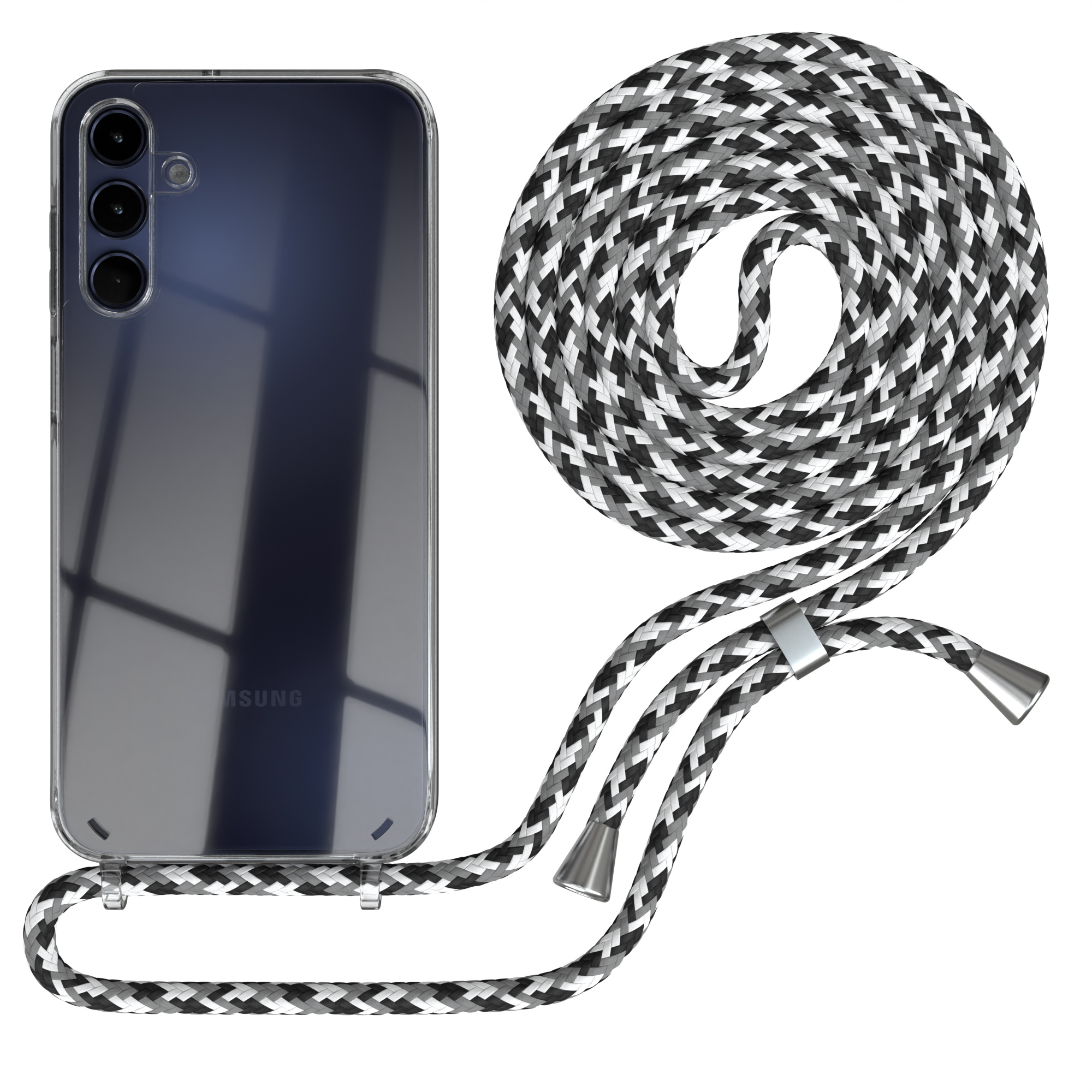 Transparente Handyhülle mit grauem und schwarzem Seil. Telefon und Hülle auf weißem Hintergrund.