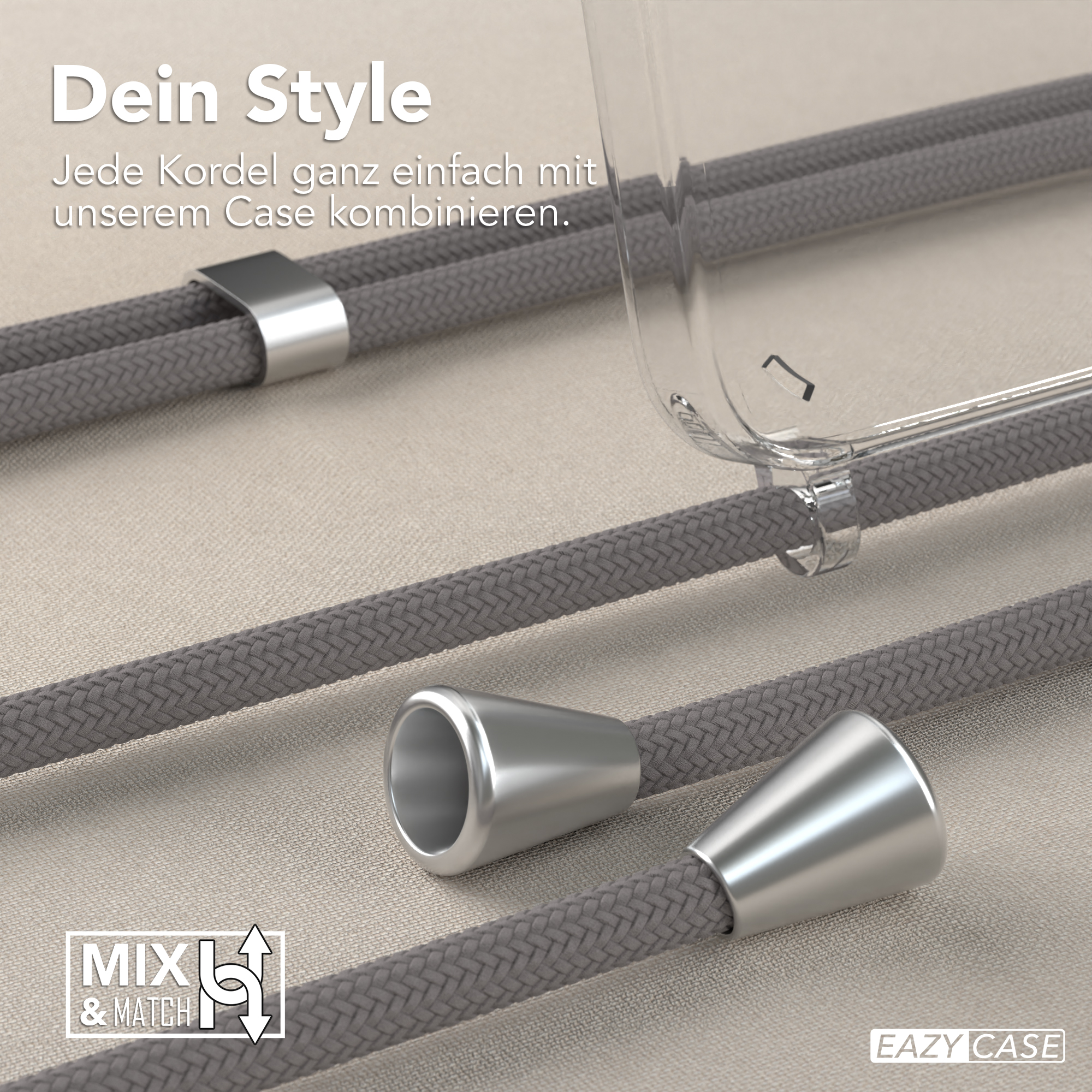 Nahaufnahme zeigt eine Handyhülle mit grauen Kordeln und silbernen Akzenten. Text: Dein Style.