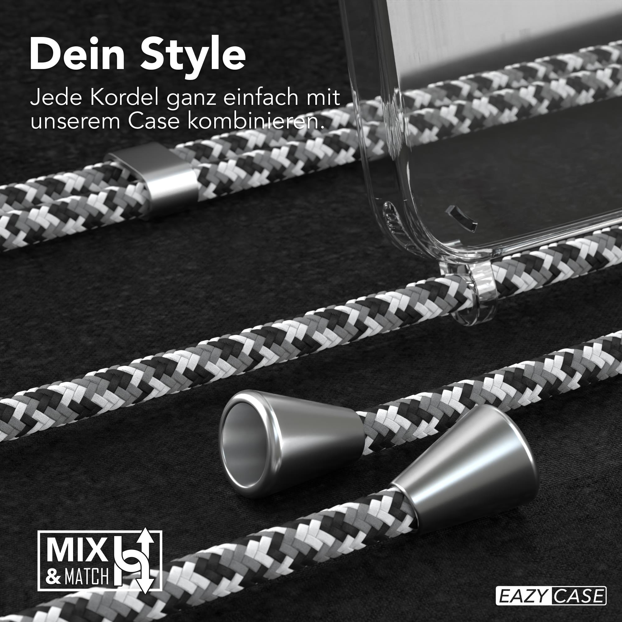 Nahaufnahme einer Handyhülle mit geflochtener Kordel und silbernen Verschlüssen auf dunklem Stoff.