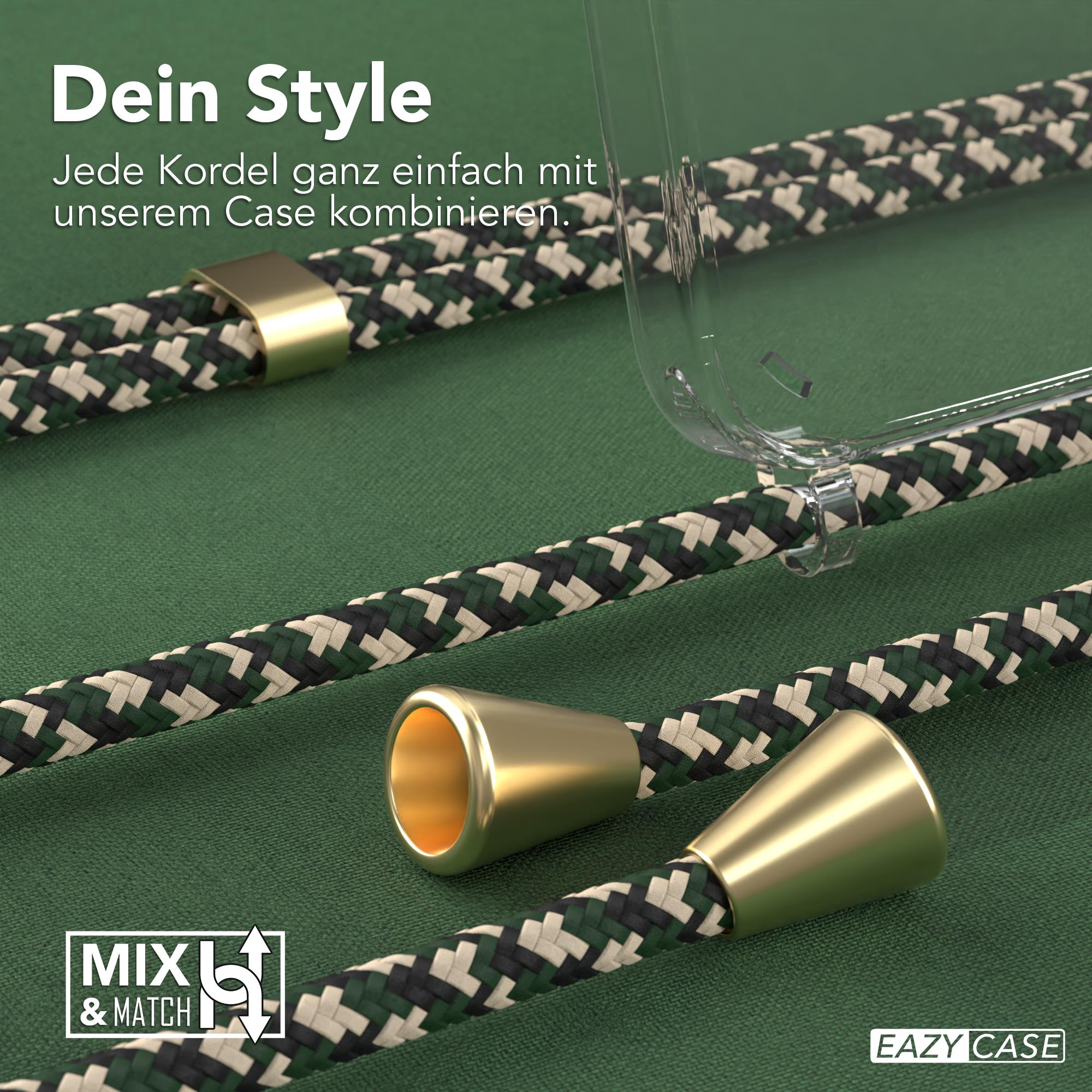 Nahaufnahme von Telefonriemen, die Design und goldfarbene Anschlüsse zeigen. Grün-schwarzes Muster.