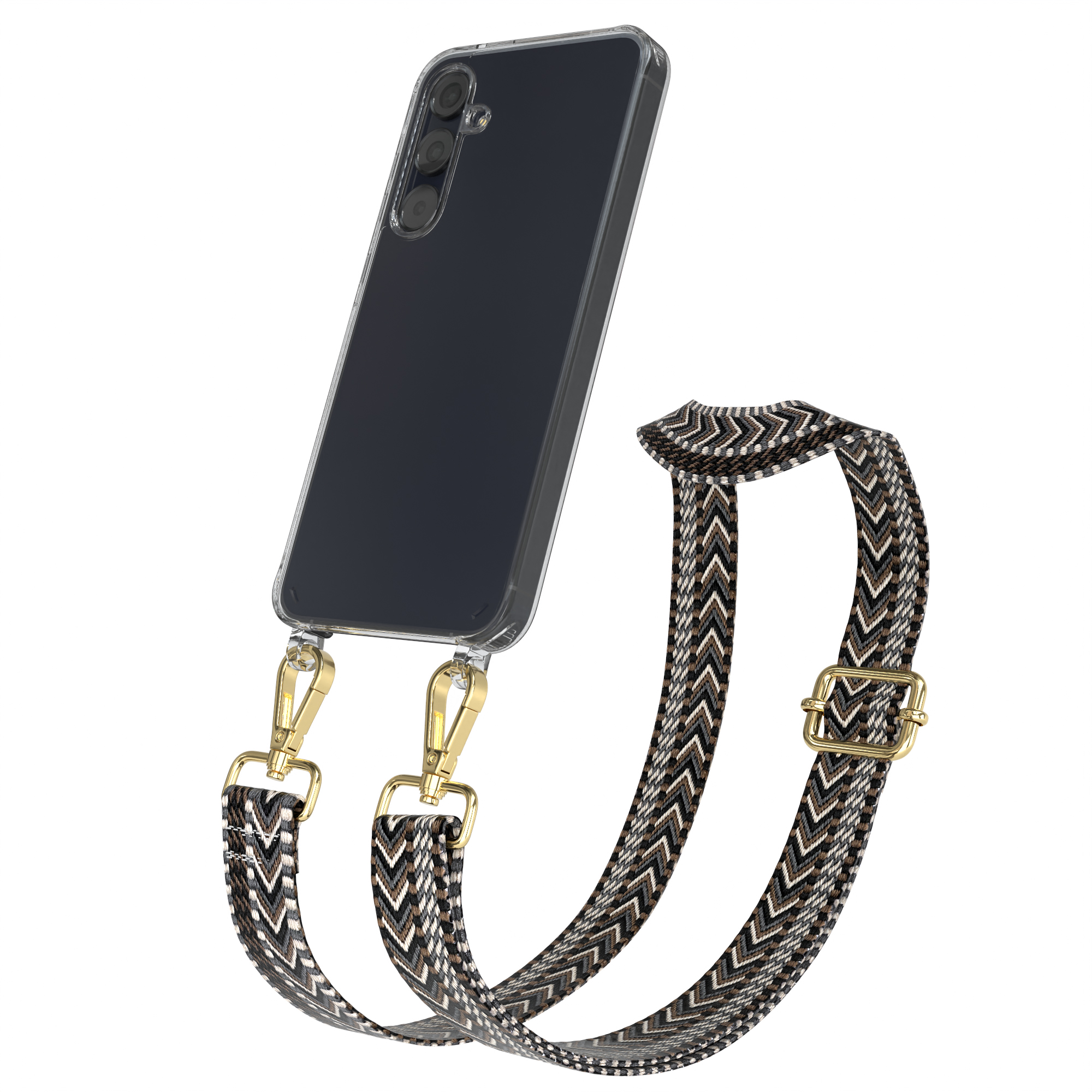 Smartphone mit Riemen. Der Riemen hat goldene Clips und ein gemustertes Design. Weißer Hintergrund.