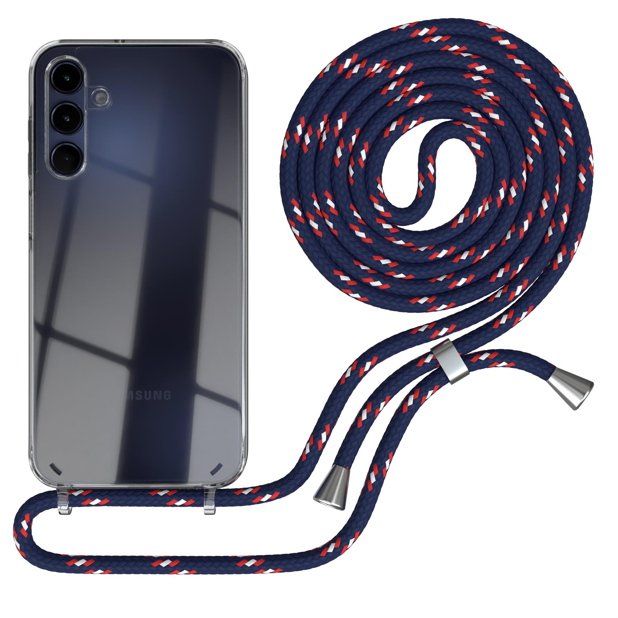 Transparente Handyhülle mit marineblauem und rotem Seil. Seil ist geschlungen. Telefon ist dunkelblau.