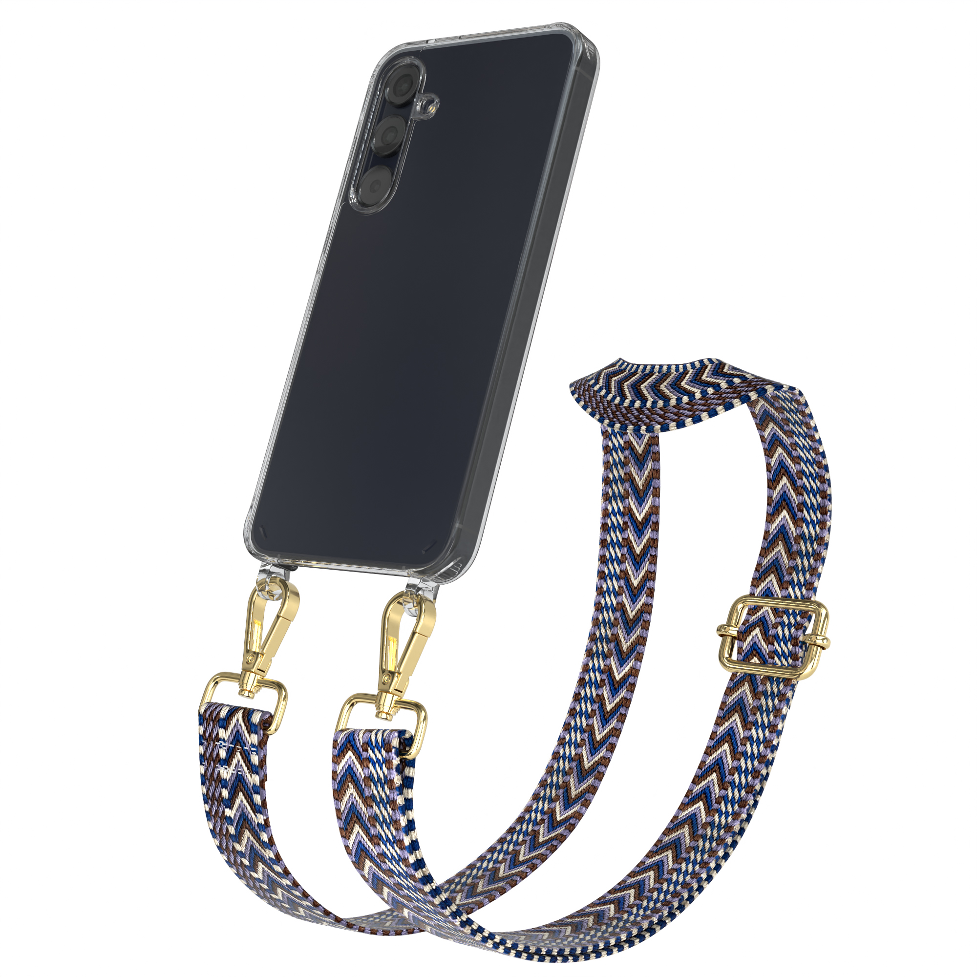 Handyhülle mit buntem Gurt. Transparente Hülle mit Handy. Gurt hat Muster.