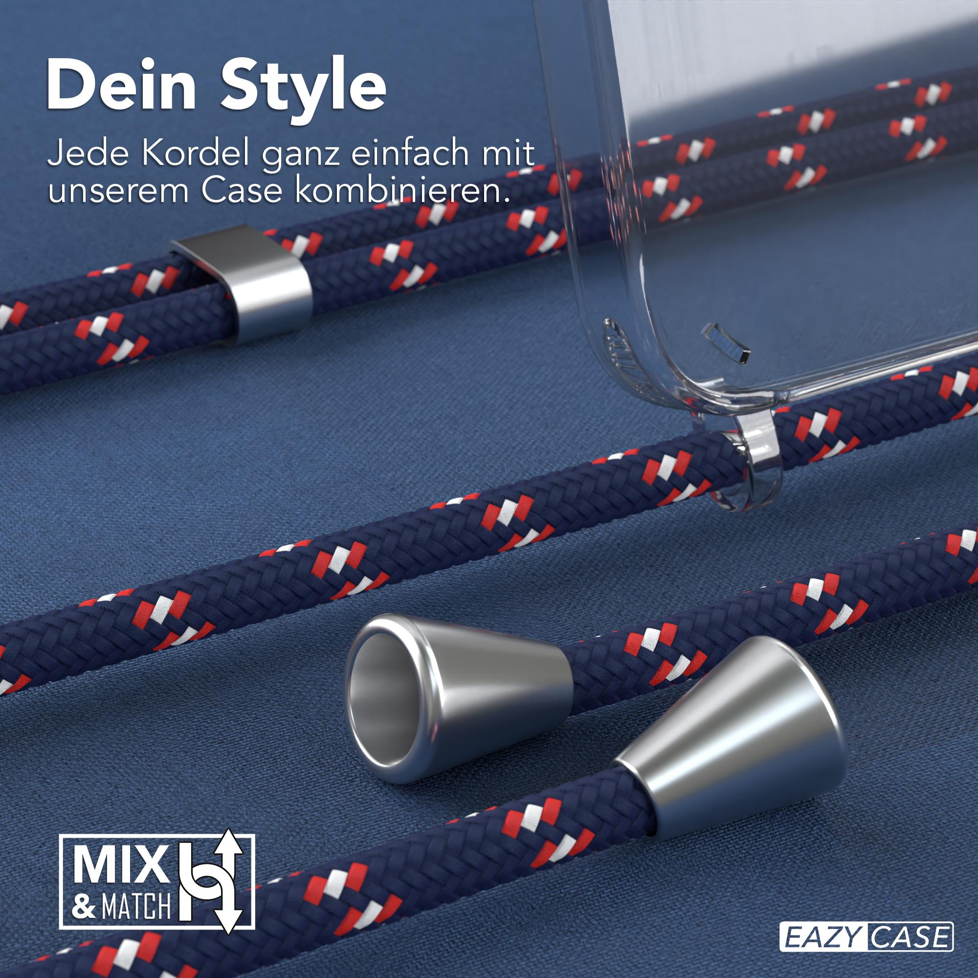Nahaufnahme zeigt eine Handyhülle mit blauen Kordeln, rot/weißen Akzenten und silbernen Akzenten. Text: Dein Style.