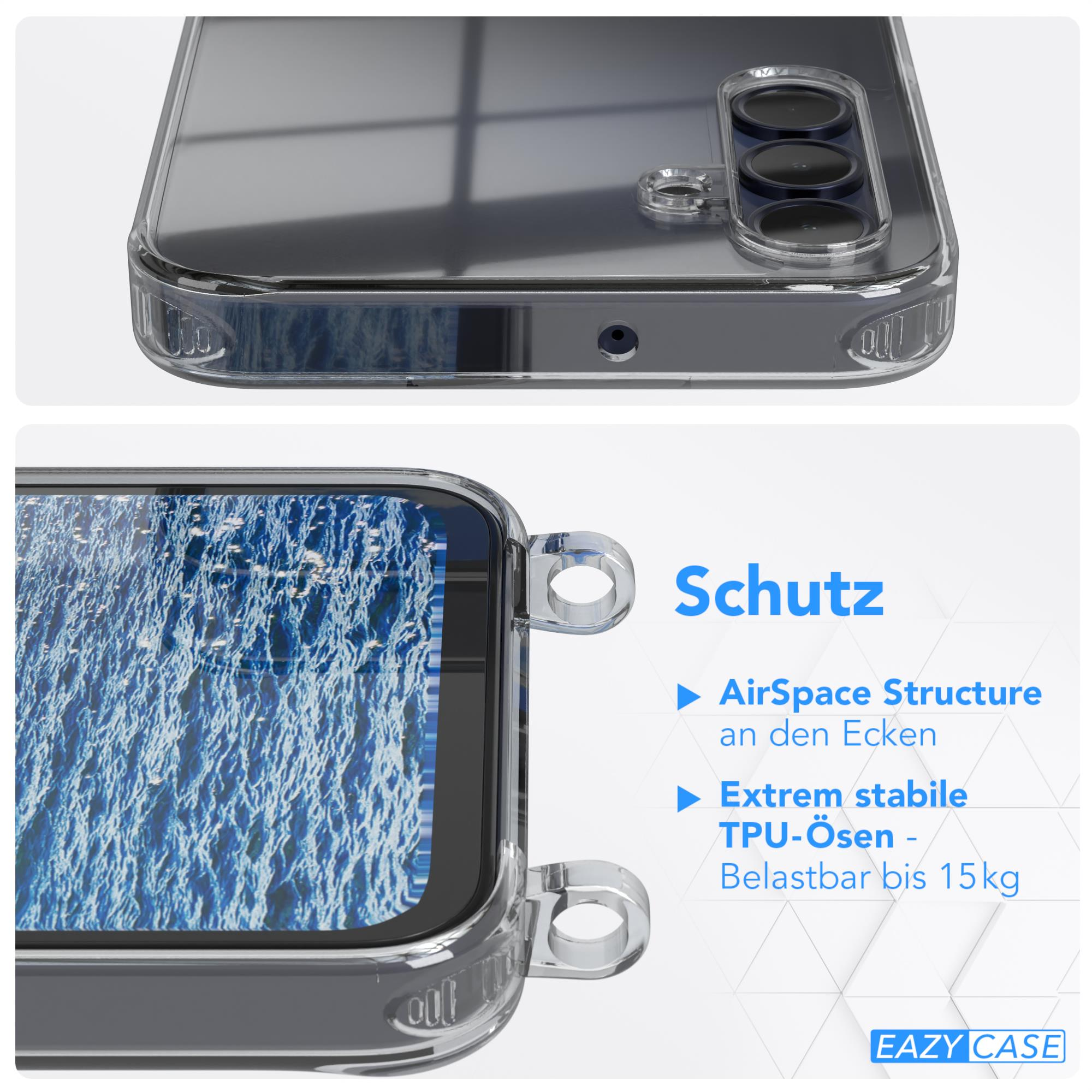 Eine transparente Handyhülle mit goldenem Haken und Gurtband. Text erklärt die Schutzfunktionen der Handyhülle.
