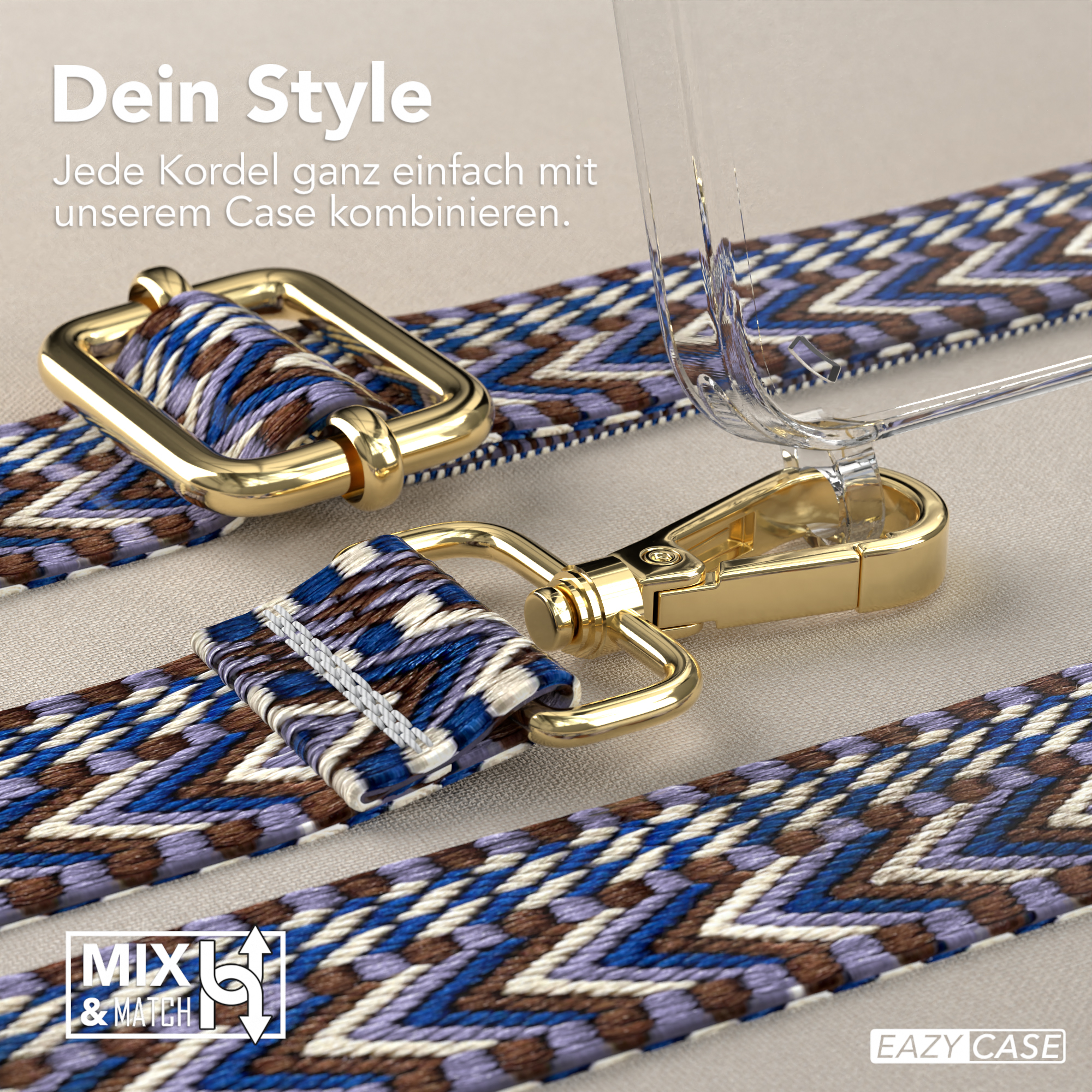 Nahaufnahme eines Riemens mit goldener Hardware, einer transparenten Handyhülle und Text.