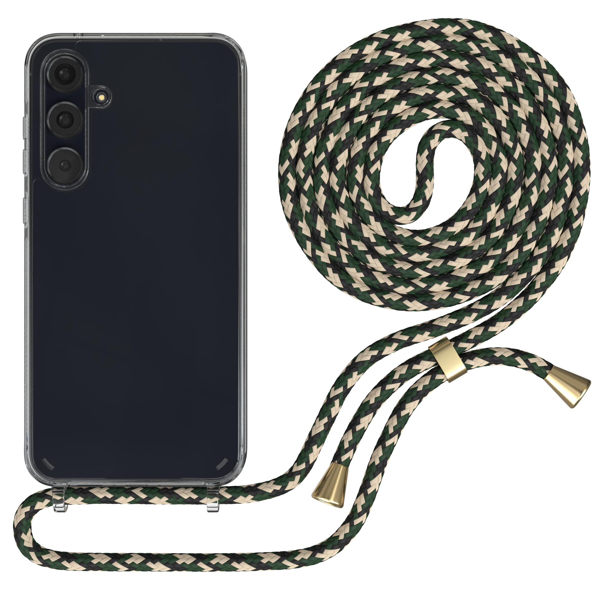 Schwarzes Telefon in einer transparenten Hülle mit einem grün-beige-schwarz gemusterten Gurt.