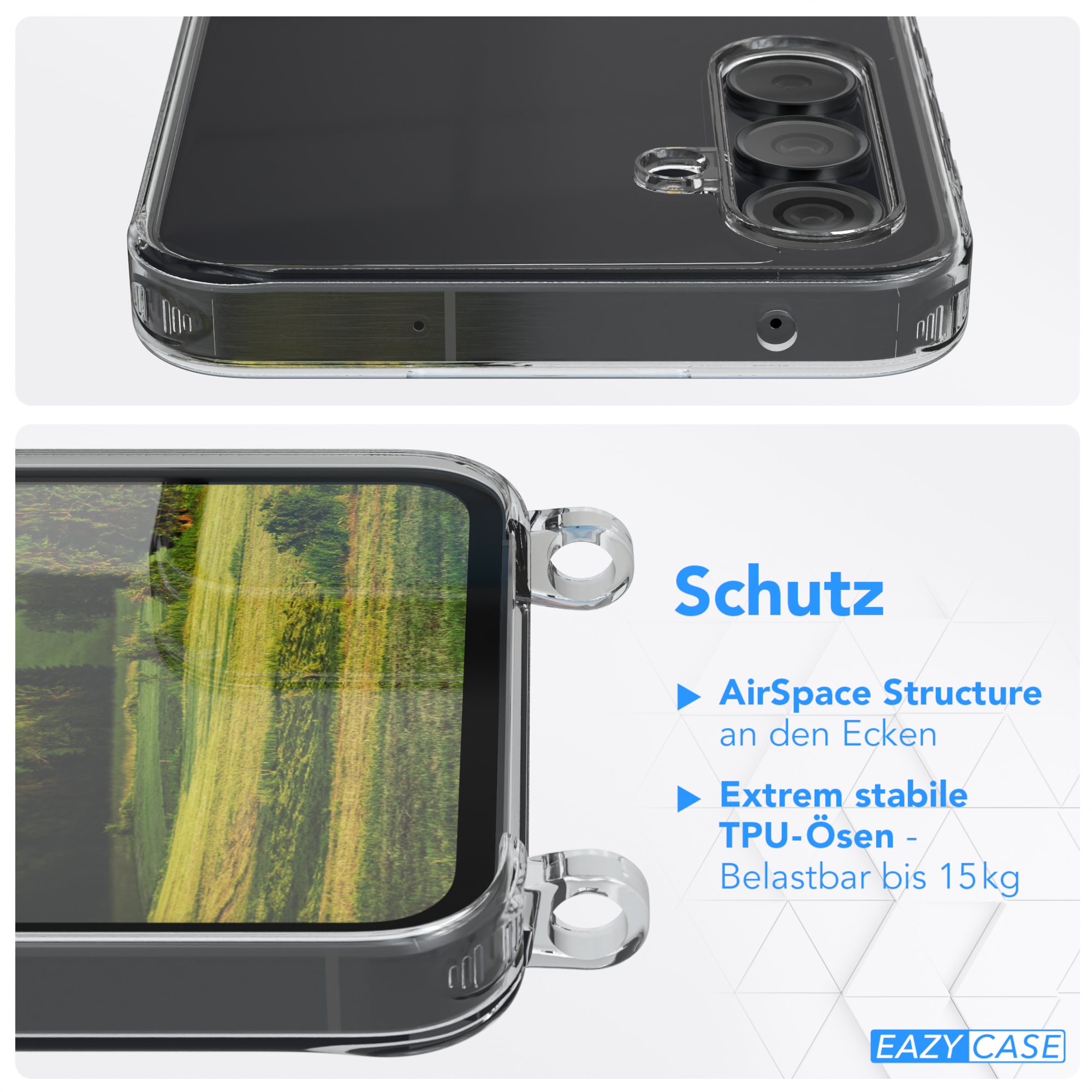 Transparente Handyhülle mit Kameradetail. Text sagt 'Schutz', 'AirSpace Structure' und 'TPU-Ösen'.