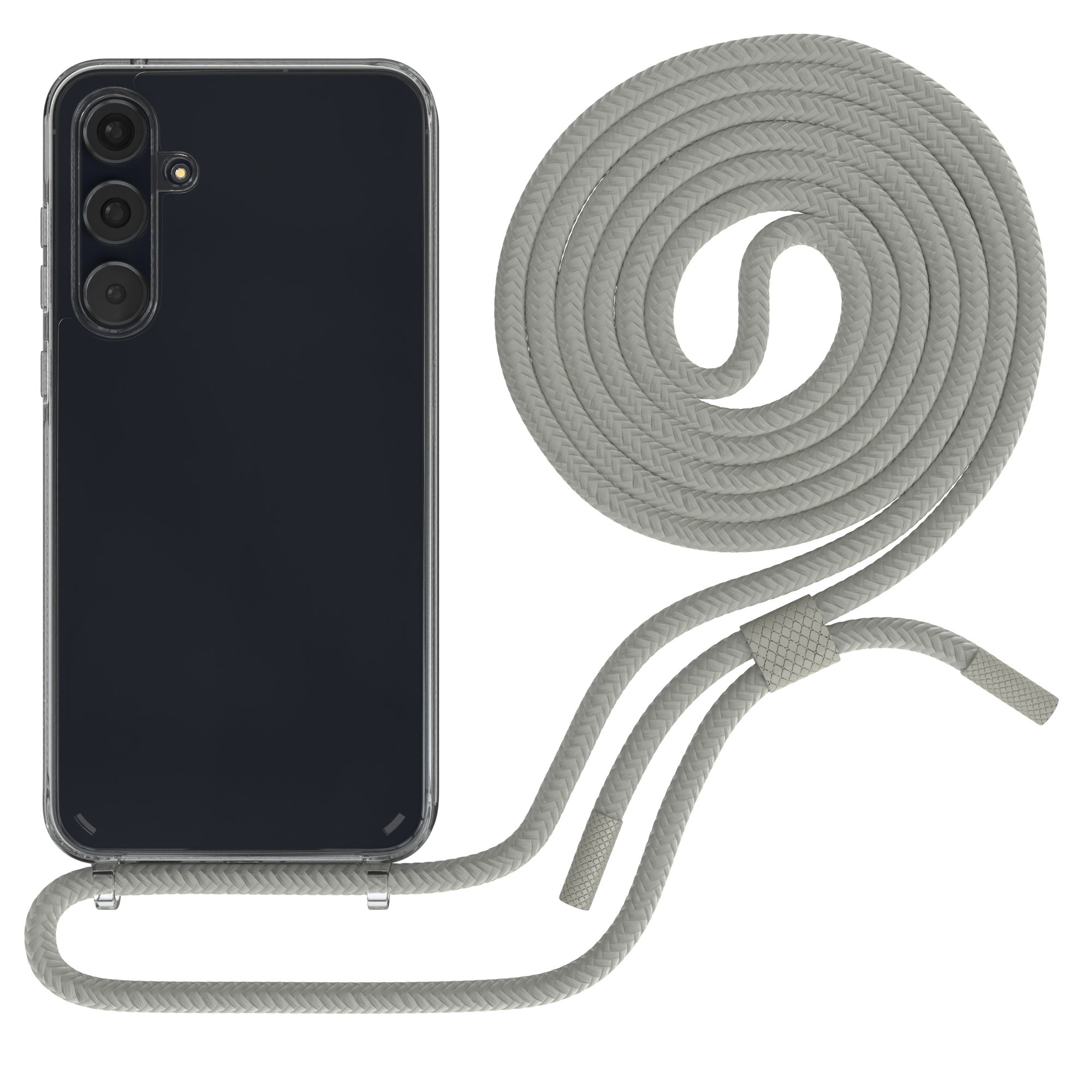 Transparente Handyhülle mit grauem Kordel, Telefon sichtbar. Weißer Hintergrund.